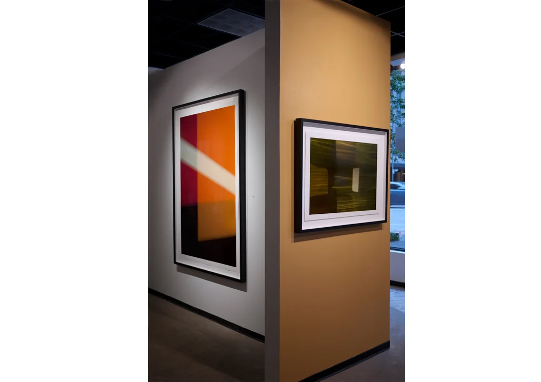 (L to R) Right On (2014), paper, 60 x 40 inches (152.4 x 101.6 cm), Winnowing III, archival pigment ink on rag paper, 20 x 30 inches (50.8 x 76.2 cm) - abstractions by photographer Steven Silverstein in Schrodinger's Math at Esperson Gallery. Each are Editions of 5, AP 1.