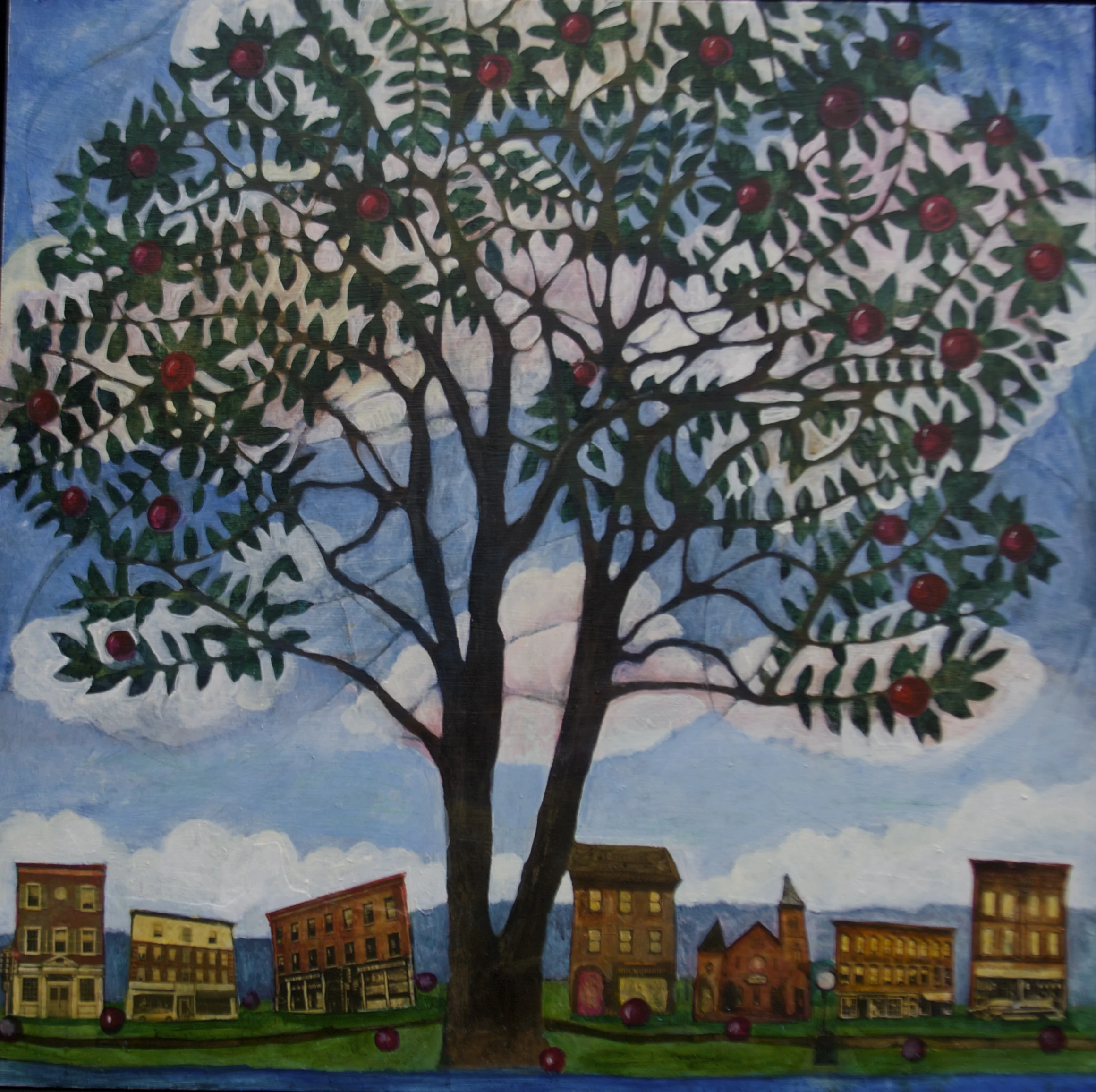 Tree and Town, 32x32, Acrylic, Collage on Panel, 2011 Brattleboro Court House