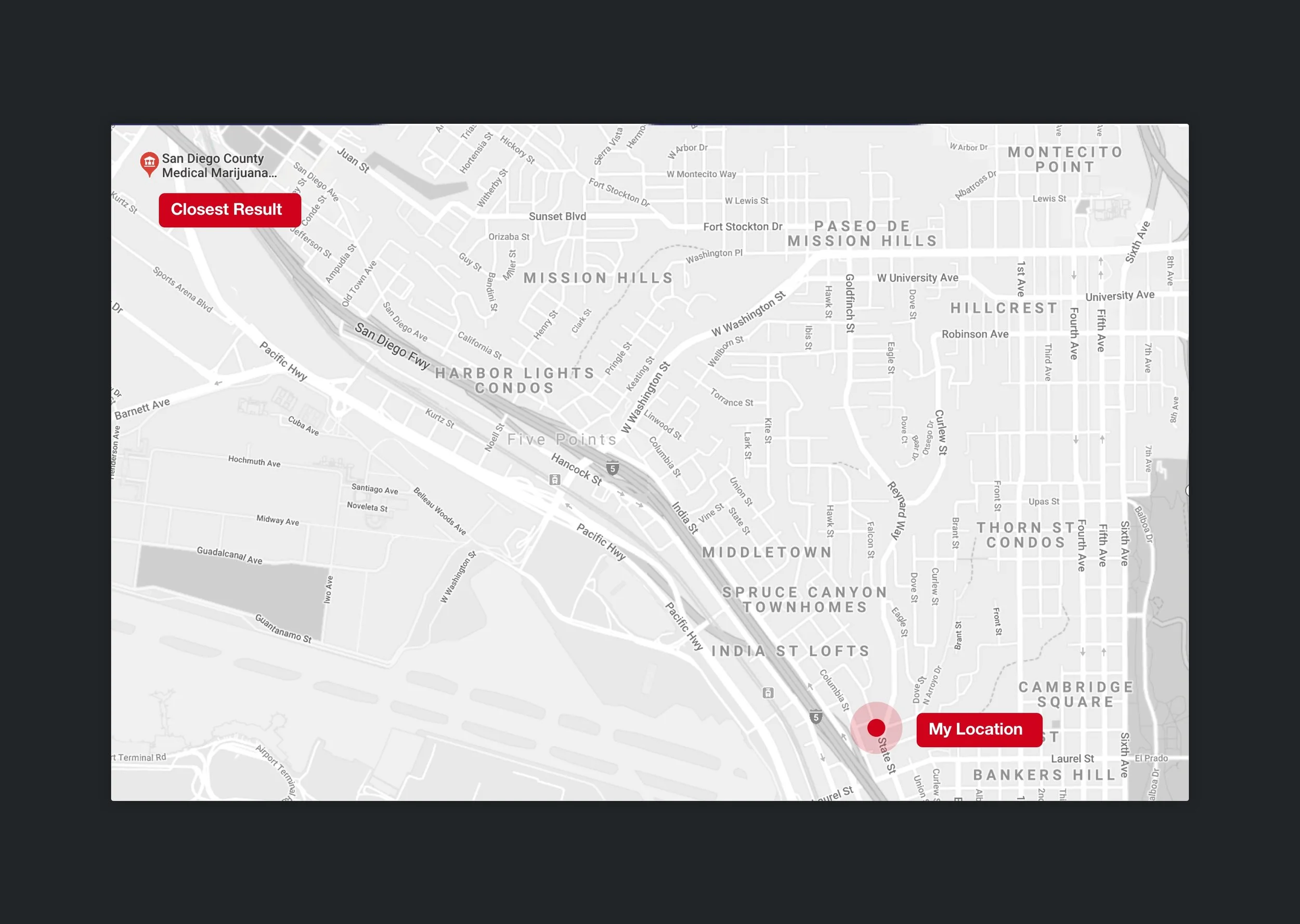 Locations of dispensaries near a set location in San Diego