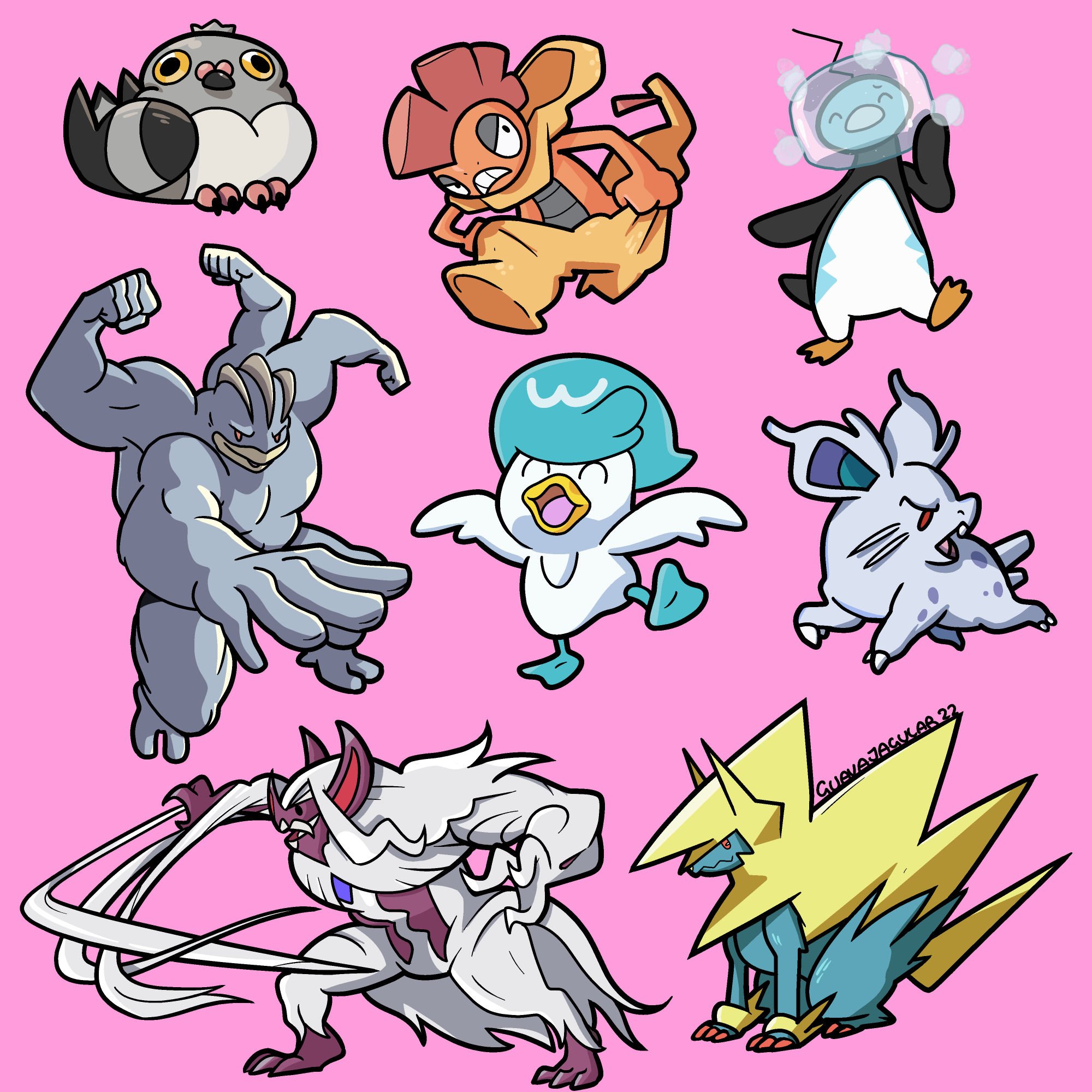 pidove, scrafty, eiscue, machamp, quaxley, nidoran female, shiny frimmsnarl, mega manetric