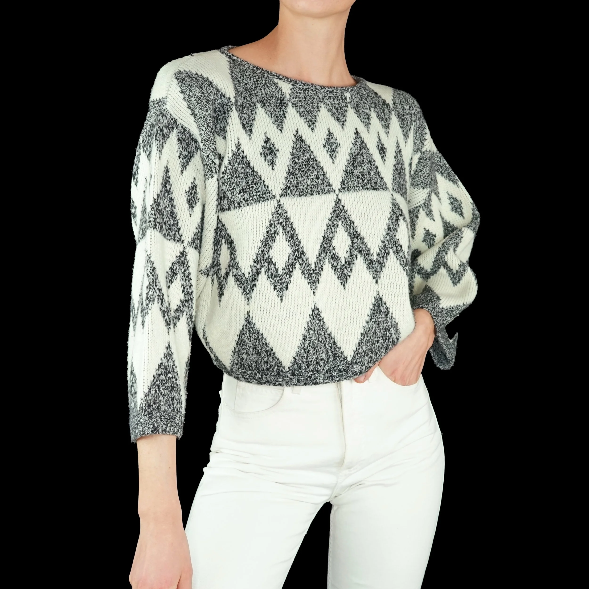 80s Contempo Grey u0026 Cream Diamond Print Cropped Sweater (S-L) — Maya Sommer