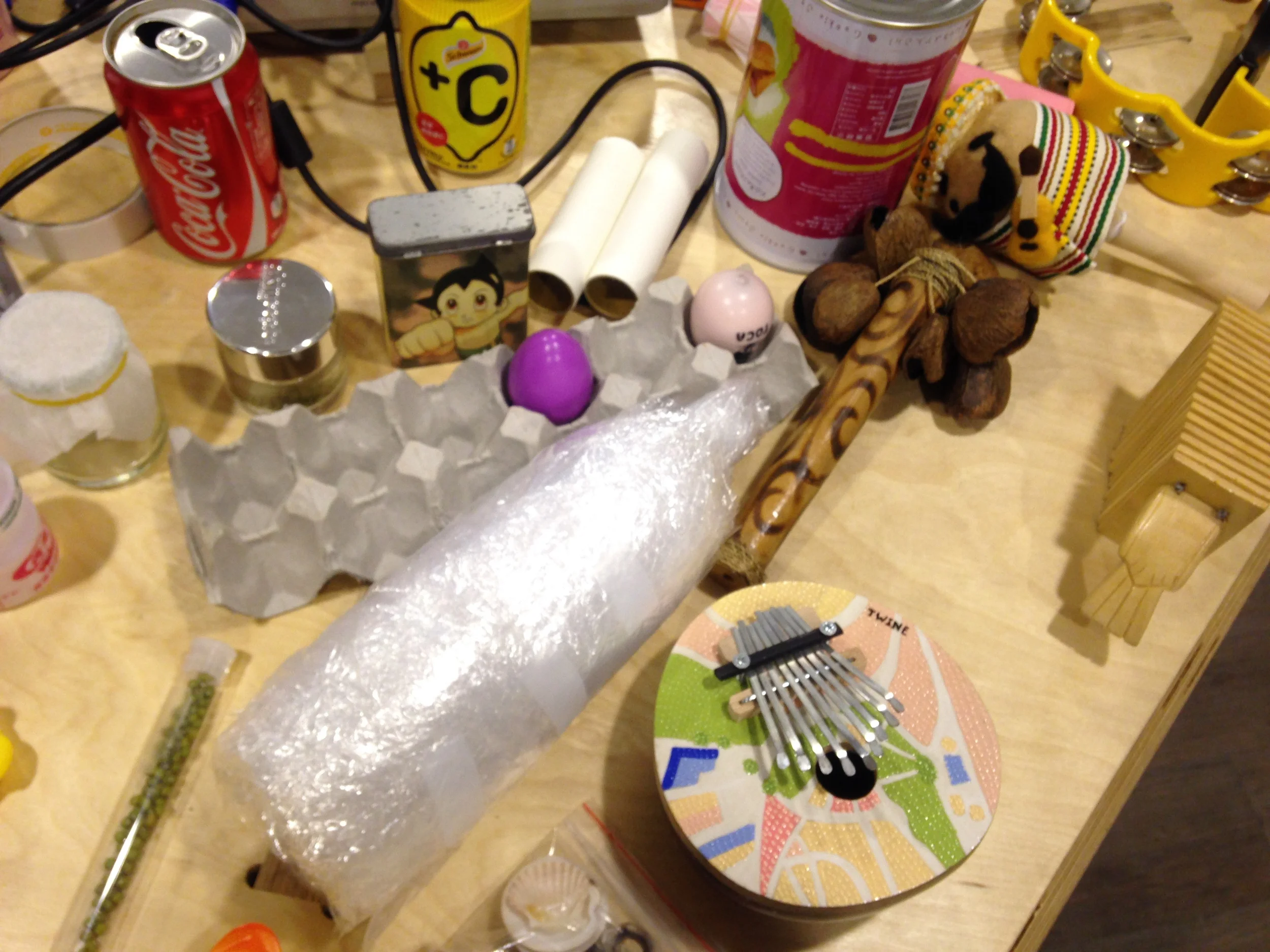 Hand made music instruments our music composer brought for the kids to play with.