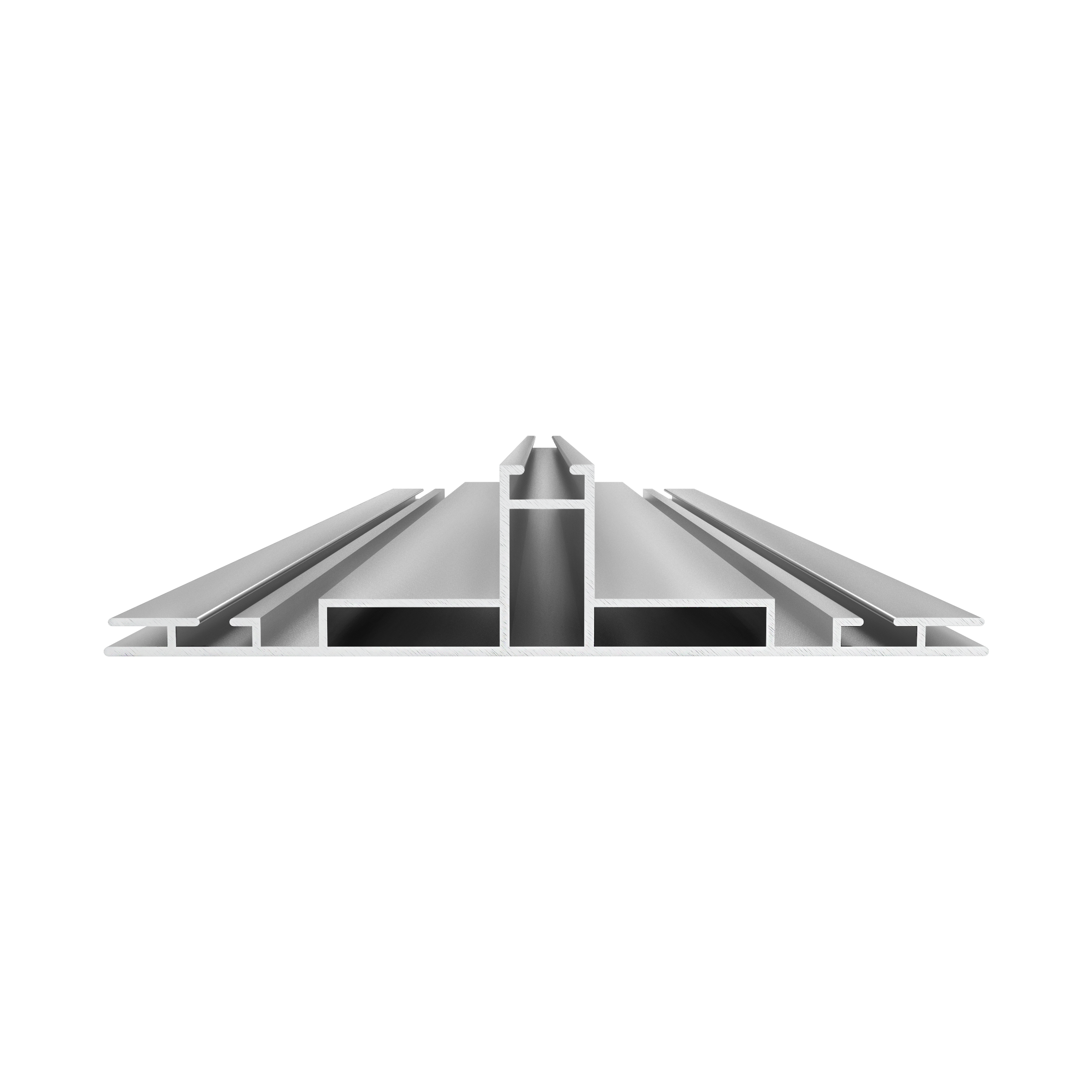 A close-up view of an aluminum T-slot framing rail with a cross-section profile showing multiple channels and a central vertical cavity, used in construction and assembly of modular structures.