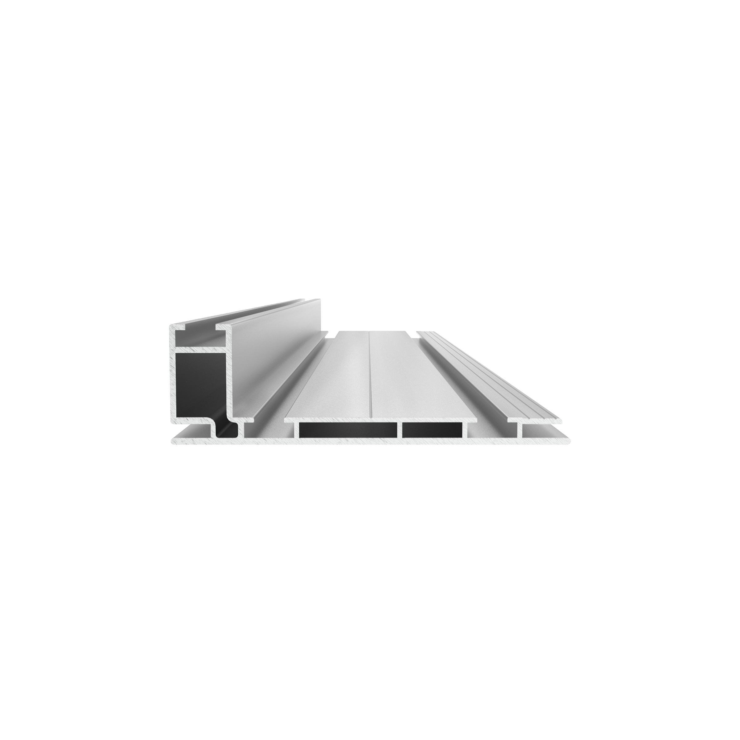 Close-up of an aluminum or metal extrusion profile used for construction or framing, showing a cross-section with various channels and shapes.
