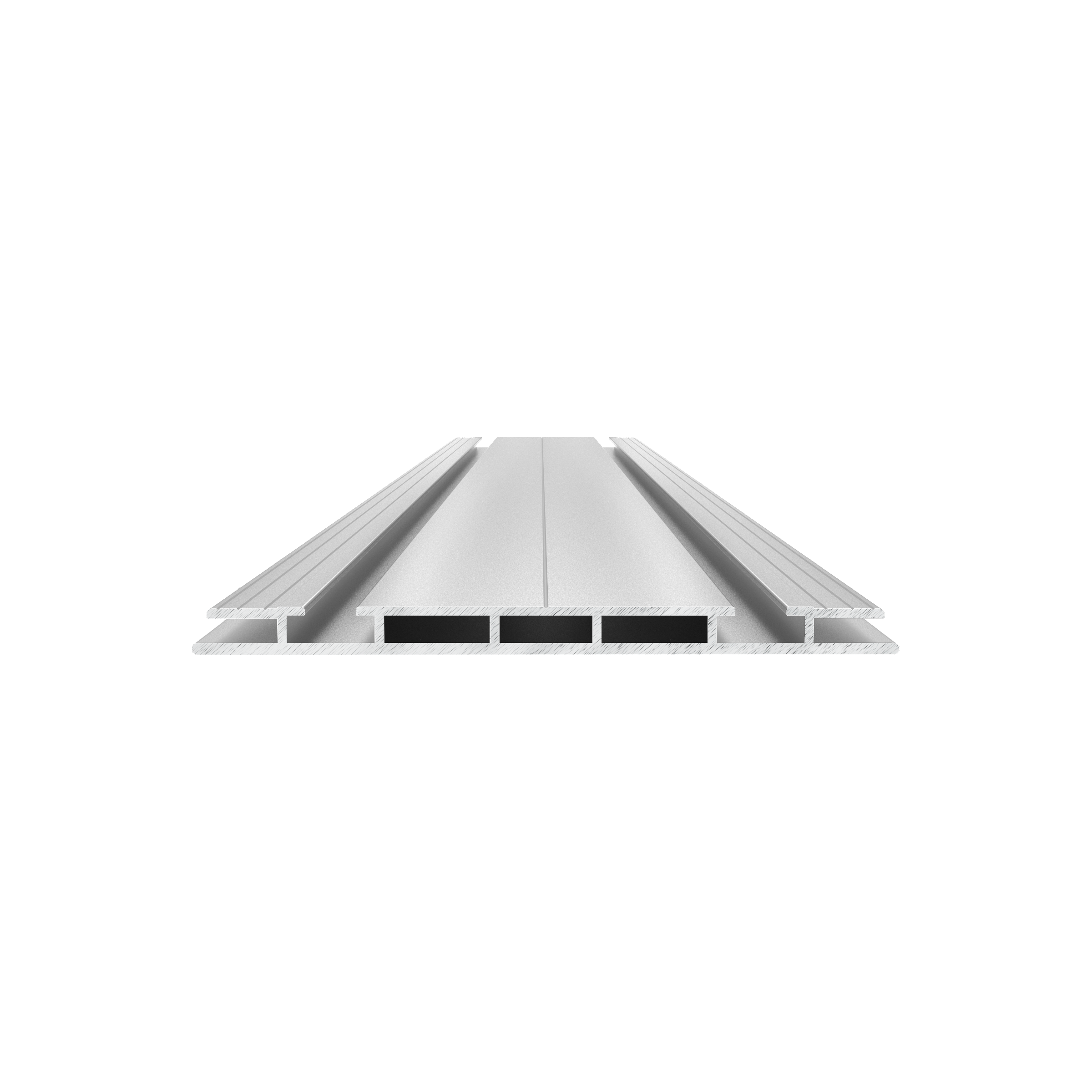 A close-up view of a metallic aluminum extrusion, showing a multi-chambered hollow rectangular profile with additional ridges for structural support.