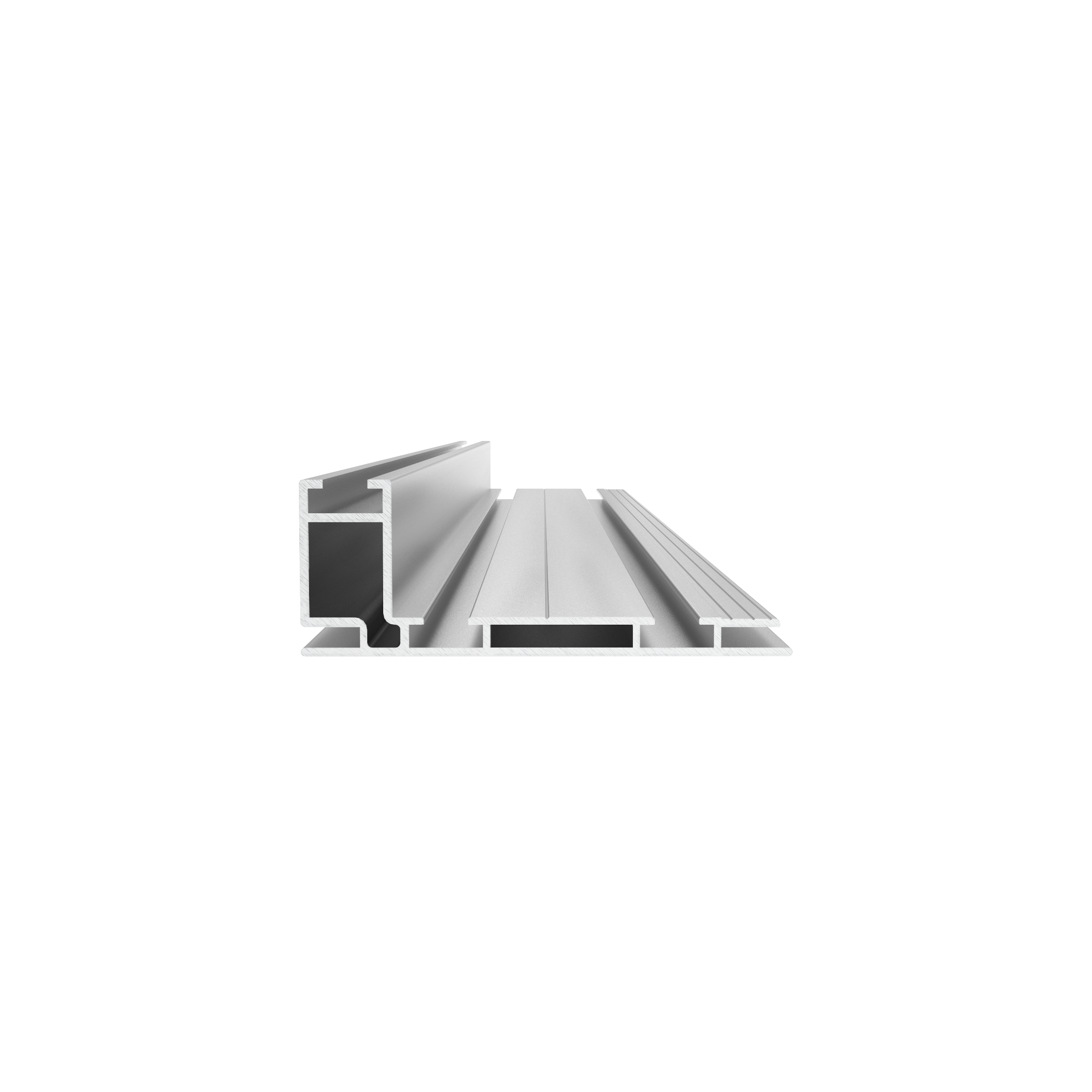 Close-up view of a silver aluminum extrusion profile with multiple channels and grooves