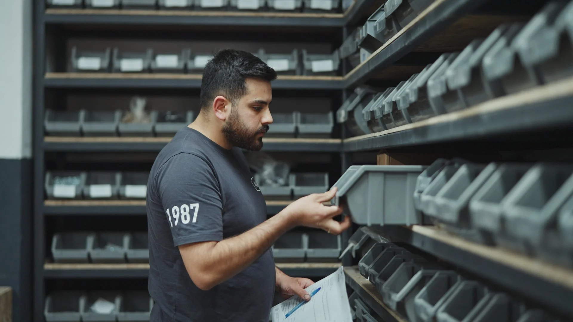 A man wearing a dark T-shirt with '1987' on the sleeve, inspecting small parts in a plastic container in a storage room with shelves filled with similar containers.
