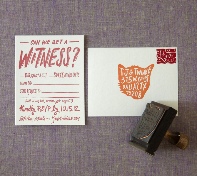 RSVP postcard front and back plus custom return address rubber stamp.