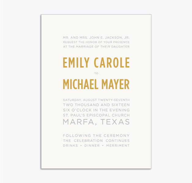 Invitation, 5x7in, single-sided, blind letterpress + foil stamp