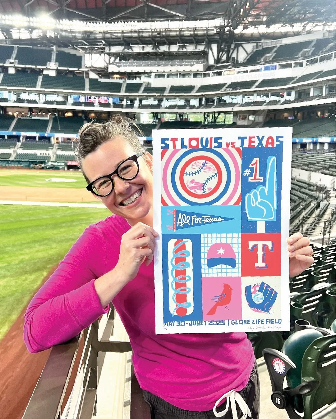 I am proud 🌈 to share my recent poster design for The Texas Rangers. 

As more of an art person than a sports person, I focused on the joyful aspects of attending a baseball game: the action, fandom, team merchandise, equipment, and, of course, hot 
