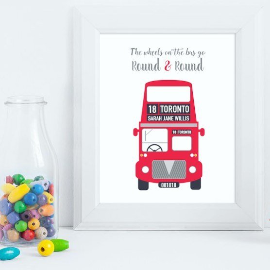 The wheels on the bus go round &amp; round! Custom your London bus with birth date and name // #customartwork #kidsroom #playroomdecor #newbaby #newmom #babyshowergift #etsysellersofinstagram