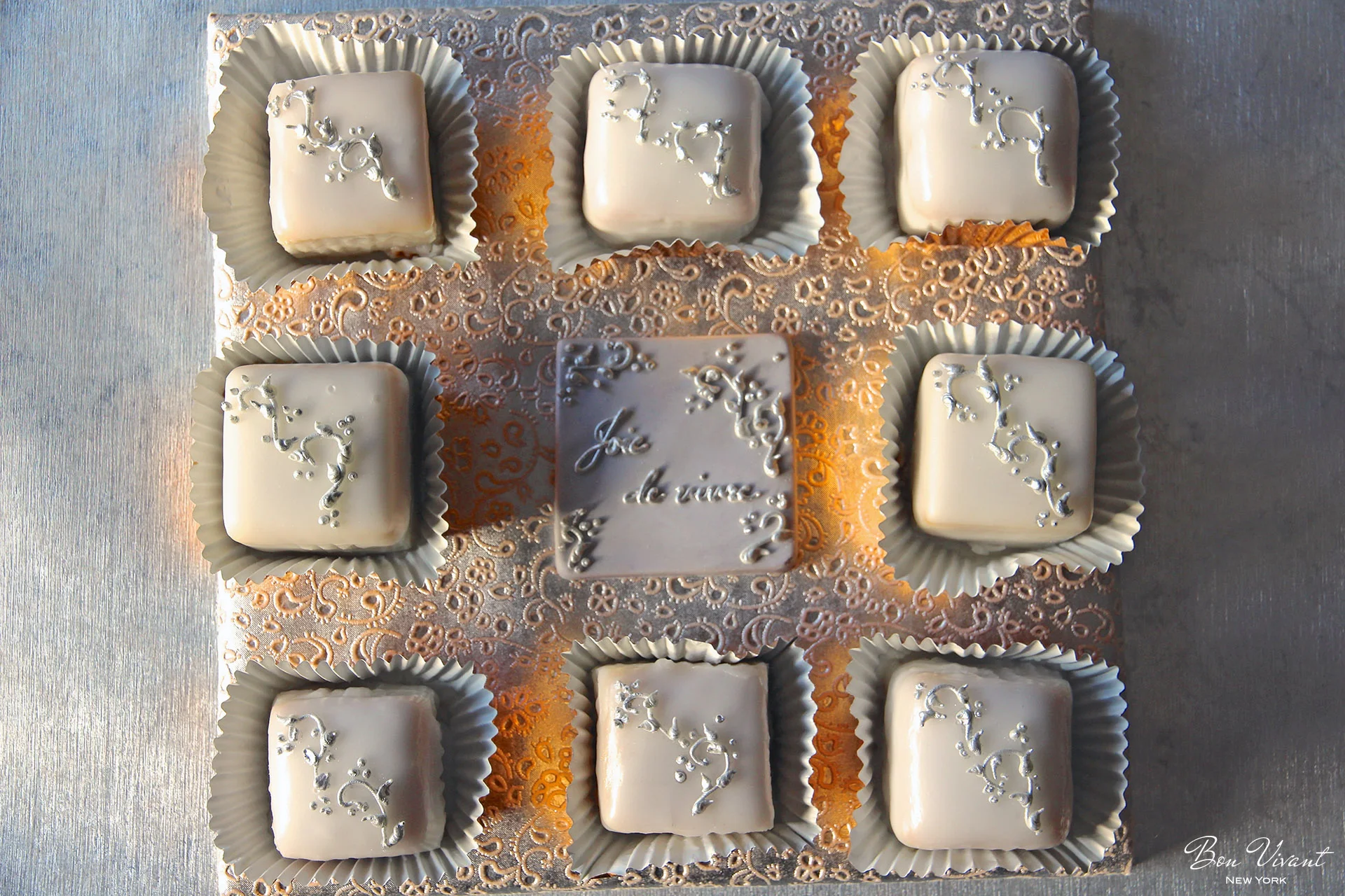 Silver Rococo Wedding Collection - Petit cakes on platter and "joie de vivre" plaque