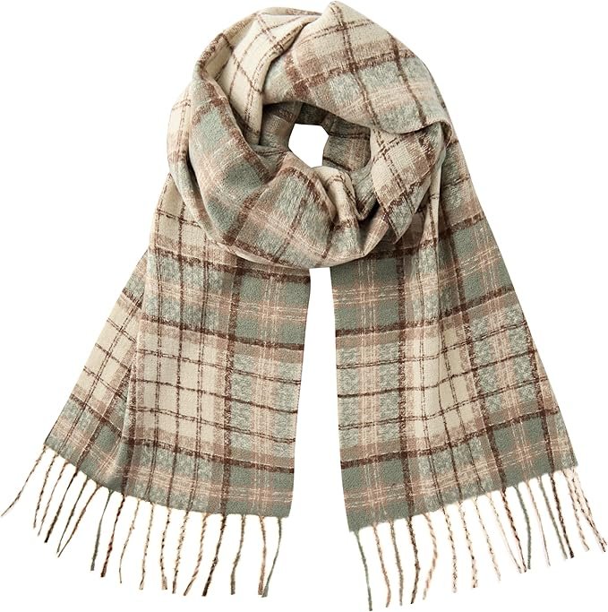 Beige Sage Green Plaid Tassel Scarf, Calvin &amp; Olivia