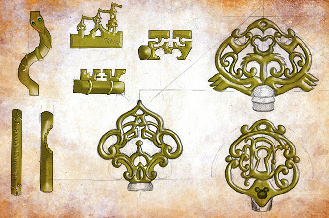 Customizable key concept. These keys were conceptualized as containing RFID chips so guests could use them for room keys, purchasing. This would also allow the resort to track attraction popularity and better respond to guest demand.