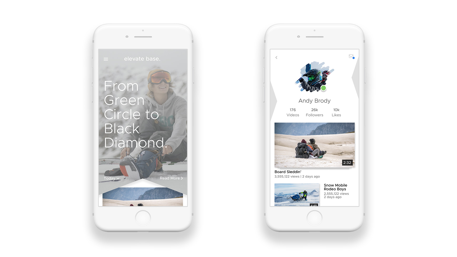 Prototype Elevate app. A place for boarders to explore new videos, post their own, and read features.