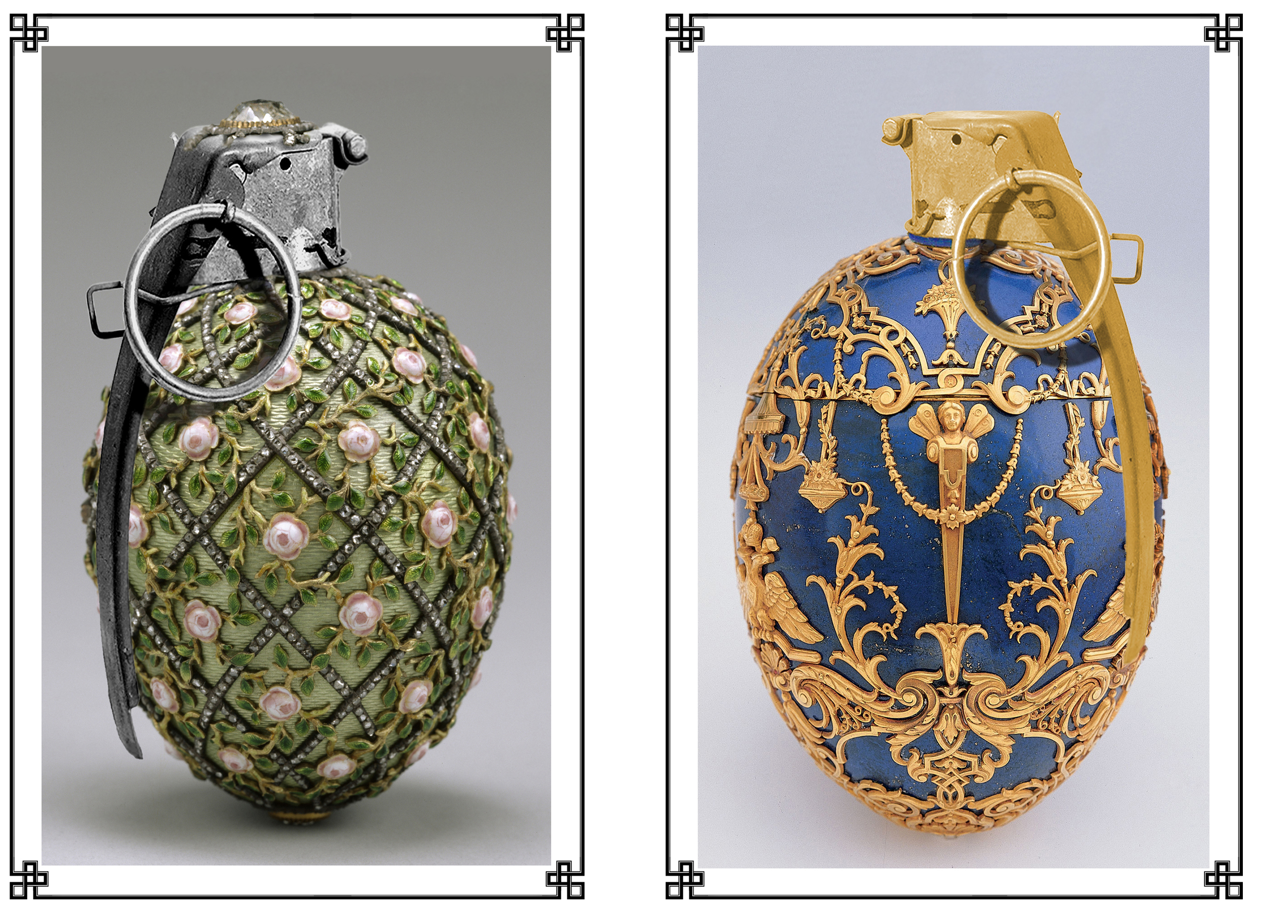 Working by special appointment, the House of Fabergé supplied a variety of ordinance for the Tsar’s personal elite Lieb-Gvardia {Life-Guards} regiments. These hand grenades, while commonly lethal, also ensured a generous pension for anybody who survived an encounter with them in combat, provided said survivor retained sufficient presence of mind to request any extracted shrapnel from the attending surgeons. This no doubt accounts to no small extent for the zeal with which revolutionary fighters laid siege to Romanoff palaces during the uprisings of the early 20th Century.