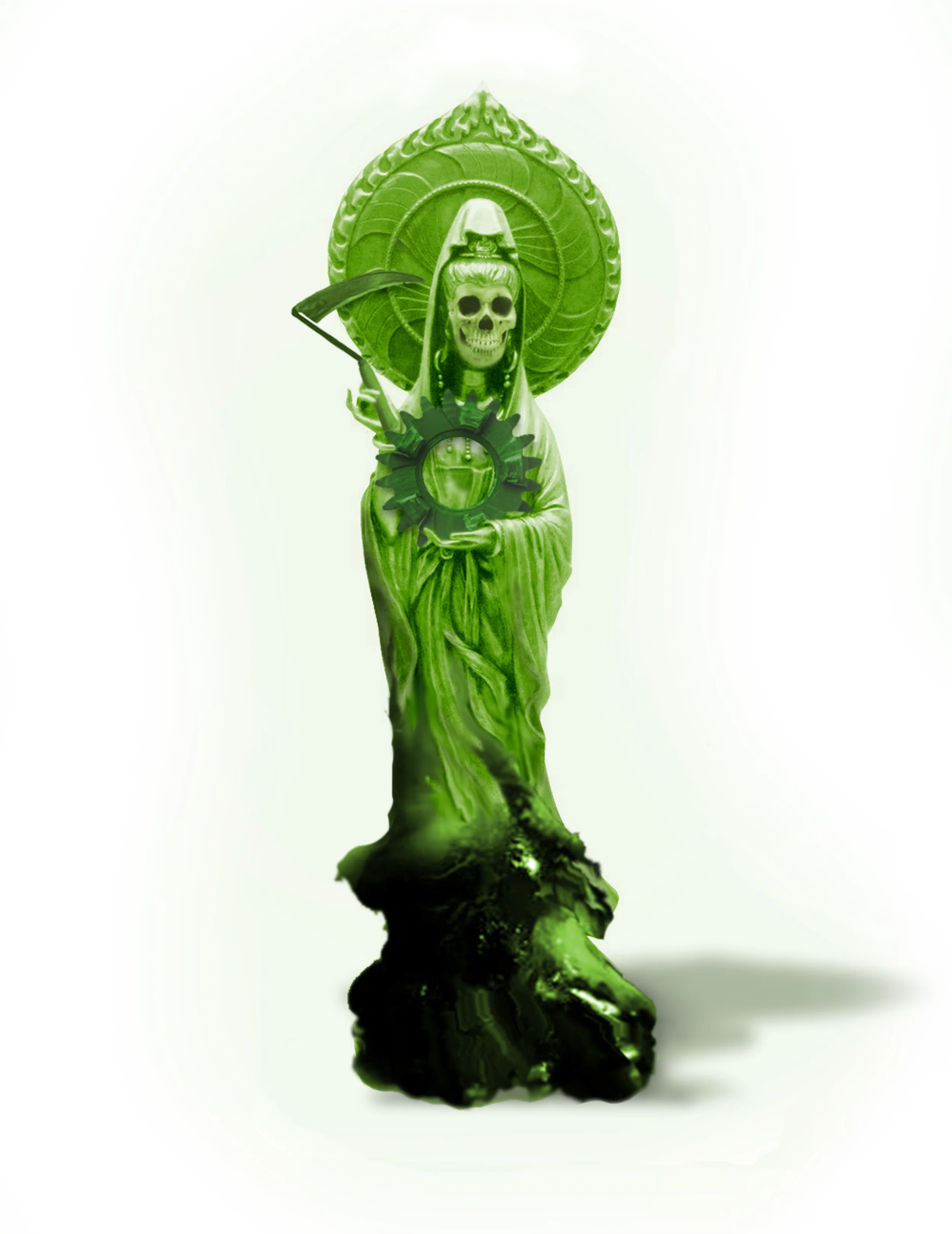 Amongst the mutilating gears, puncturing needles and scorching furnaces of production, there can also invariably be found the Bodhissima della Morte {Bodhileh fun Toyt in Yiddish}, whether as votive pendant or figurine, safeguarding the welfare of her industrious devotees. This lightly singed faux-jade example, typical of those manufactured en masse for export by the Lucky Eighty-Eight General Manufactory of Kiautschau prior to its lethally accidental immolation, was recovered from a tangle of charred seamstresses wedged against the inside of a barred and bolted exit door of the Kindly Gent Detachable Collar Factory of Lower Manhattan.