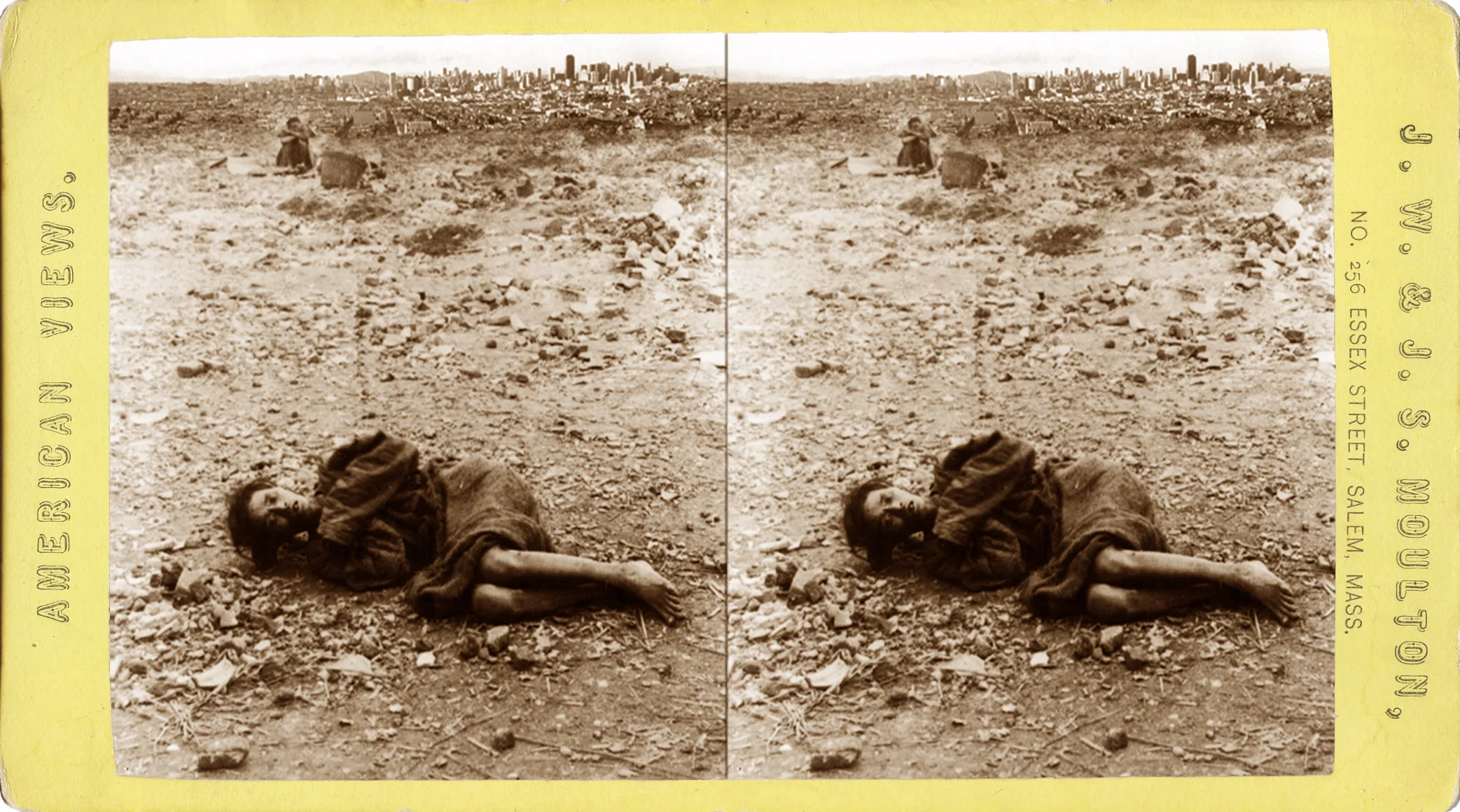 This stereoscopic card, entitled “Dying in the ‘Dying Field,’ where discouraged poor are proffered the opportunity to die, San Francisco, California ”, bears upon its reverse a typically purpled and, thus, sales-garnering expanded description: “While people of other nationalities have places set apart for the poor to be buried in, the United States of America goes a little further in providing, for a small fee, a spot on which to die. The particular spot depicted here is just outside the financial quarter of San Francisco where, surrounded by a wall of studied disregard, is a small tract of waste land specially designated for poverty stricken wretches to visit in their last hours. Instead of sheltering the destitute poor, the Americans content themselves with renting a last refuge to the "creatively destroyed", and here one may often see the poor and helpless creatures writhing in the grip of the invisible hand as they gasp their last mortal agony. The scene illustrates the sophistic brutality of the Americans, who have an inadequate conception of the solemnity of death and are, or seem to be, utterly destitute of the finer feelings of humanity.”
Normal
0
false
false
false
EN-US
X-NONE
X-NONE
/* Style Definitions */
table.MsoNormalTable
{mso-style-name:"Table Normal";
mso-tstyle-rowband-size:0;
mso-tstyle-colband-size:0;
mso-style-noshow:yes;
mso-style-priority:99;
mso-style-parent:"";
mso-padding-alt:0in 5.4pt 0in 5.4pt;
mso-para-margin-top:0in;
mso-para-margin-right:0in;
mso-para-margin-bottom:10.0pt;
mso-para-margin-left:0in;
line-height:115%;
mso-pagination:widow-orphan;
font-size:12.0pt;
font-family:"Times New Roman","serif";}