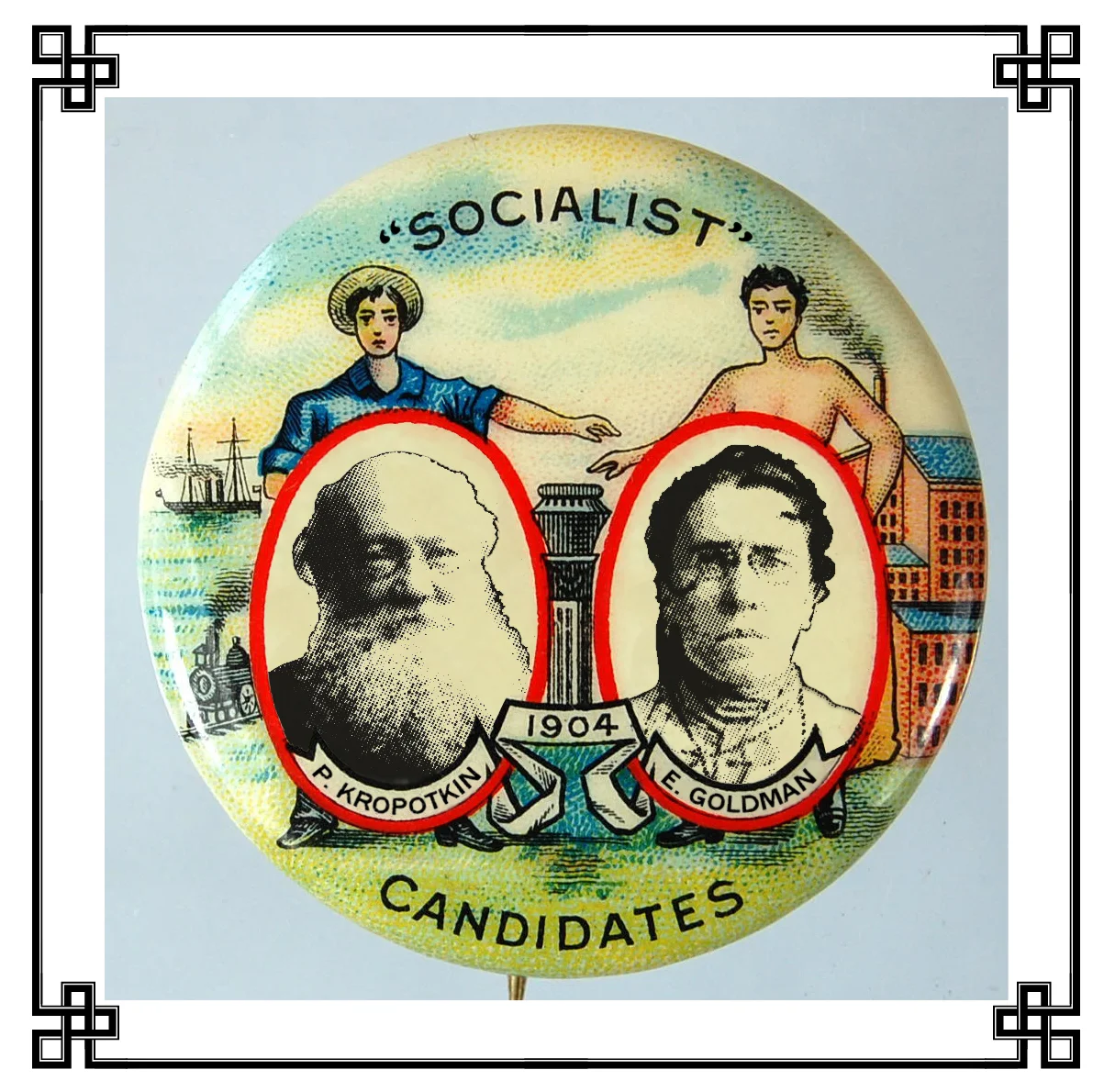 Pinback button badges such as this, no matter how ingenious their palatable understatement of the candidates’ affiliation, were woefully inadequate to salvaging what proved to be the most heartbreakingly, and in retrospect lamentably, star-crossed presidential campaign in American history. Nor was the campaign aided by the fact that both candidates were almost as deeply inimical to electoral politics as they were to government in general, let alone that neither was a native-born United States citizen.