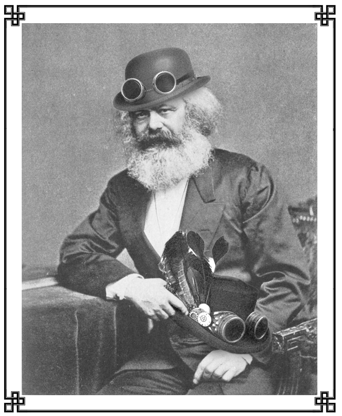 While commonly associated in the popular imagination with the redistribution of material sustenance of all forms, Karl Marx himself was first and foremost a skilled milliner specifically concerned with the broad and equitable provision of headdress, in keeping with his compatriot Friedrich Engel’s own admonition that in matters of liberation {as with anything else} “…one can’t do that, without a hat”. Therefore, and contrary to the assertions of detractors, it cannot be emphasized sufficiently that Herr Marx distributed only the most innocent of hats, becoming ones at that, and certainly not some manner of cleverly dissembled consciousness-expanding helm that caused the wearer to perceive the presences of all manner of stubbornly hindsighted angels of history. {Somewhat less improbable are hypotheses that Herr Marx was in actuality Frederick Douglass slumming in whiteface or, alternatively, that he was of blemmye heritage but passing behind ingenious prosthetics and an extensive peruke.}