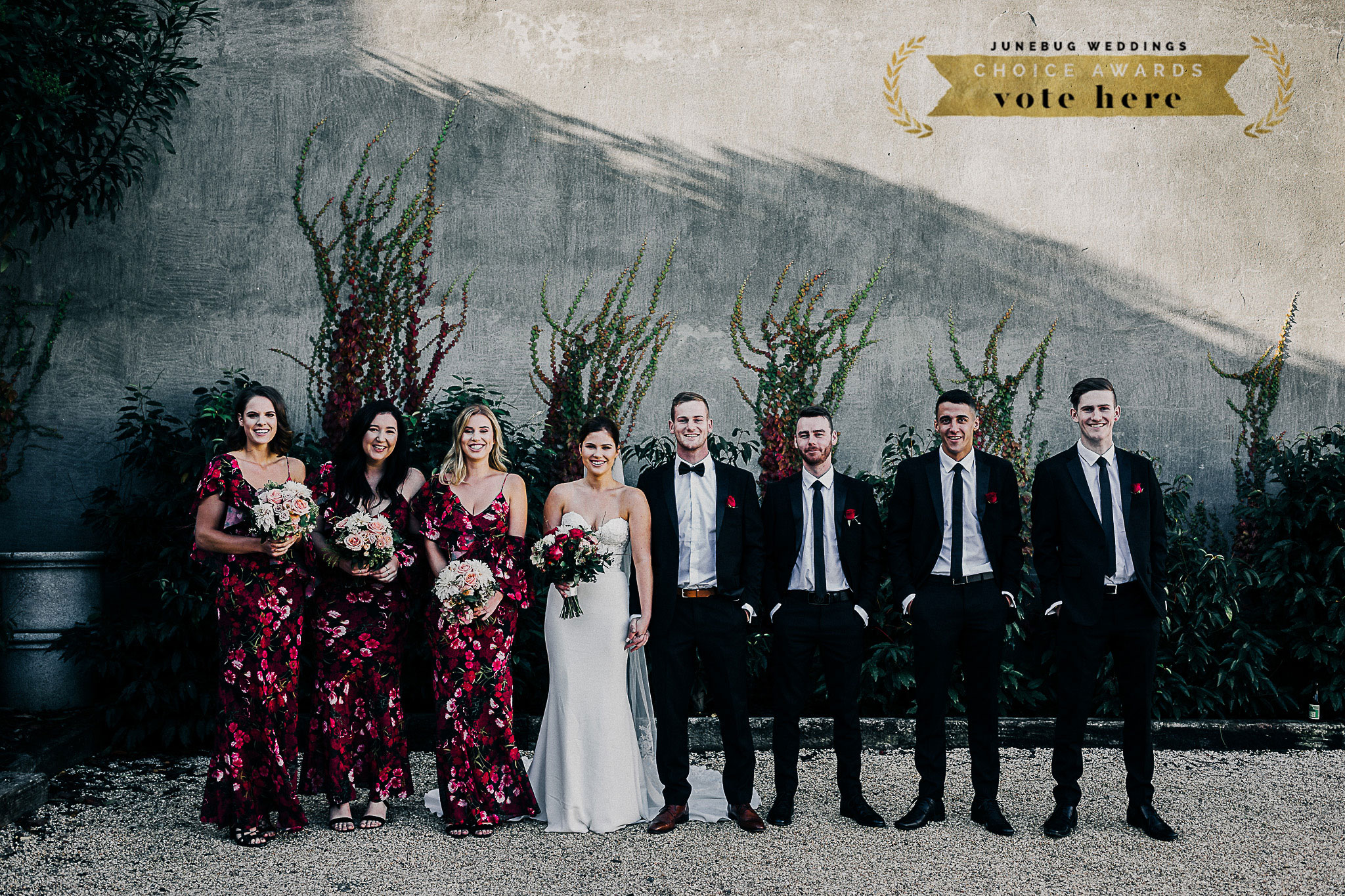 Rachel + Balke and the slick looking bridal party are nominated for best Bridesmaid + Groomsmen style over at Junebug Weddings!