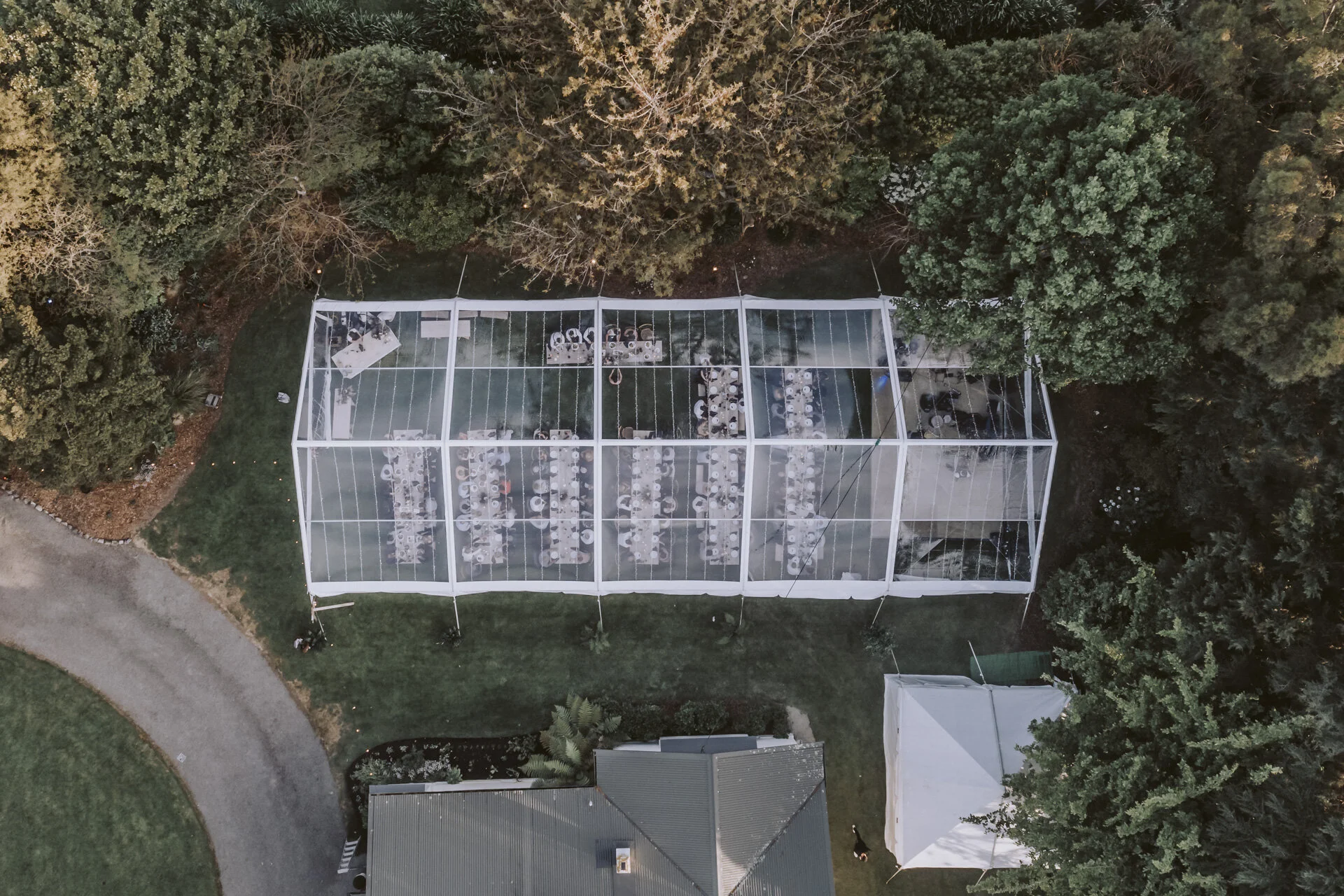 The Clear Greenhouse Marquee looking so good from above, magically where a really really tall ladder can get you…