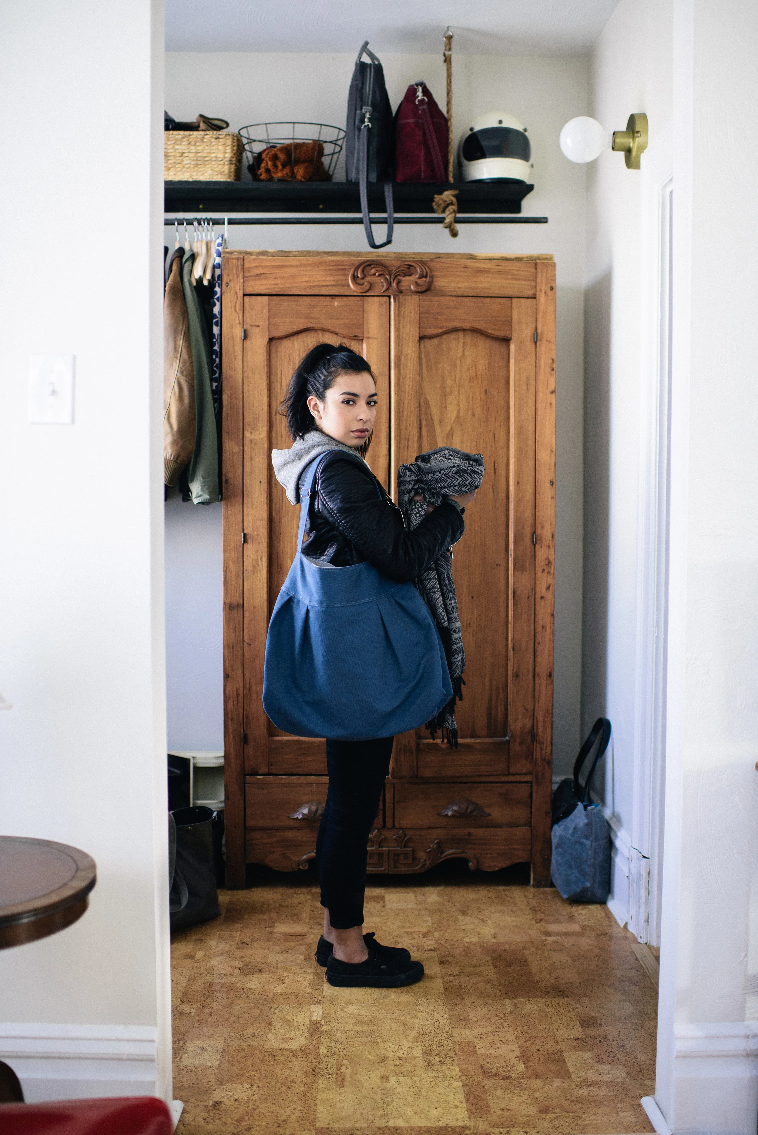 dressing room turned coat closet - shown here is the market bag from moop see more images from our shoot with moop here