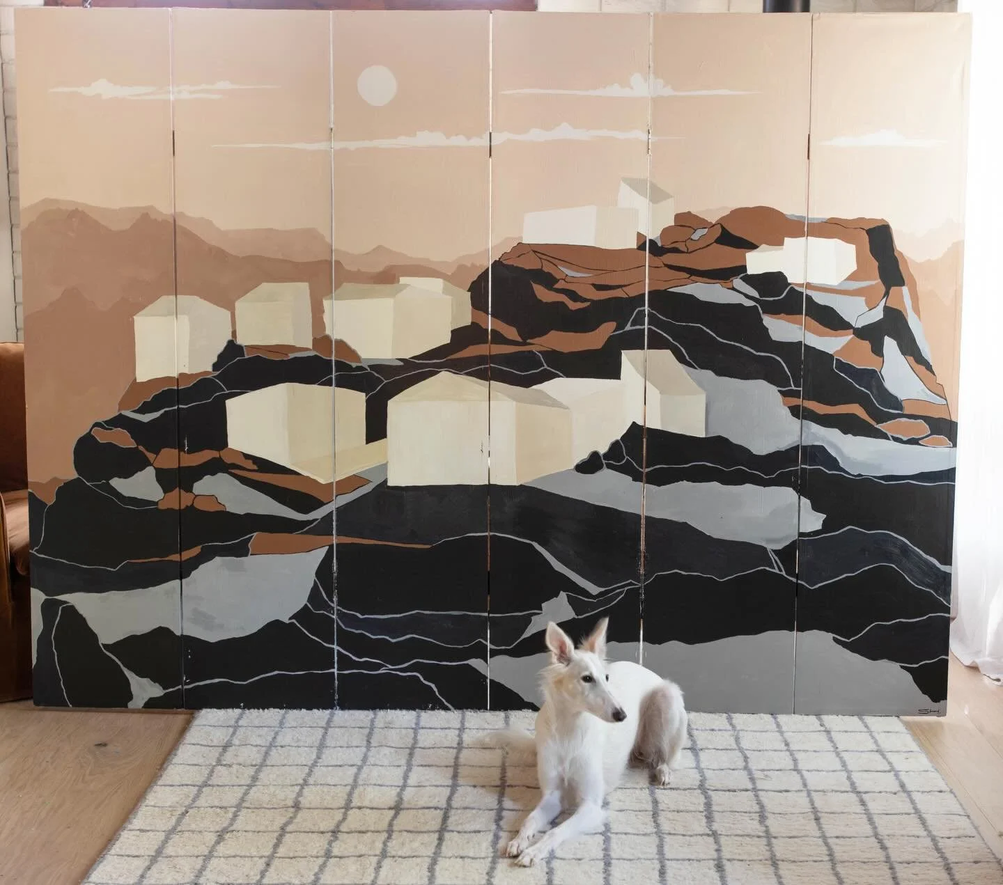 Moon, Mountain, Shelters acrylic on canvas screen 
2022

Oh yea, and Herman Maria @celinethesilkenwindhound 

Photo by @kaitzylstra