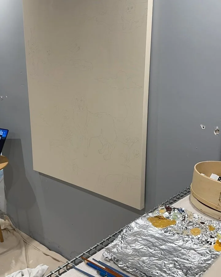 Work in progress: a custom painting for a baby nursery with portraits of the family St. Bernard and two Siamese cats 🩶

Client: @sarahwestinteriors 

#acrylicpainting #illustration #drawing #babynursery