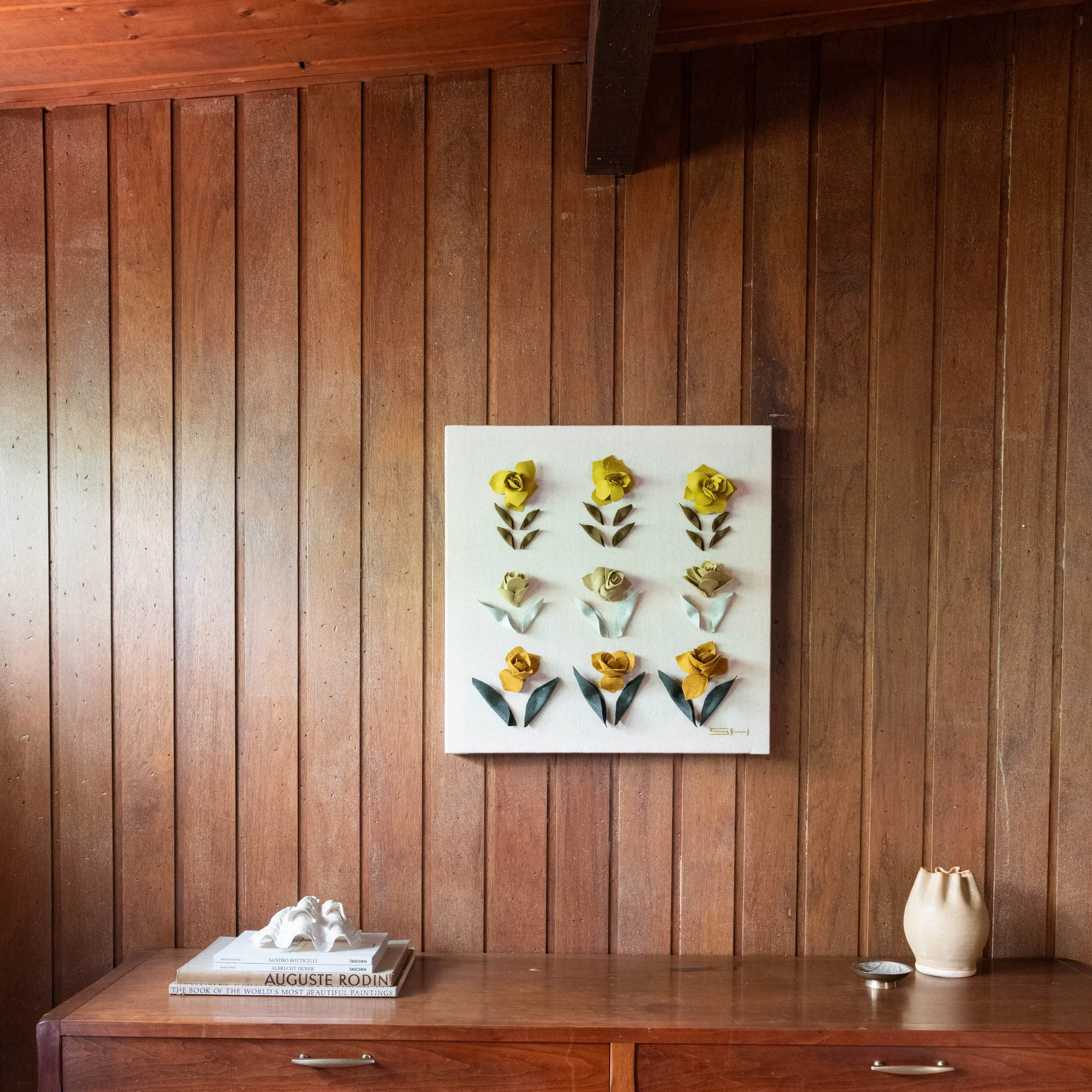 "Yellows" - one of my new works. Wool fabric sewn and sculpted roses on raw canvas. link in bio to view.