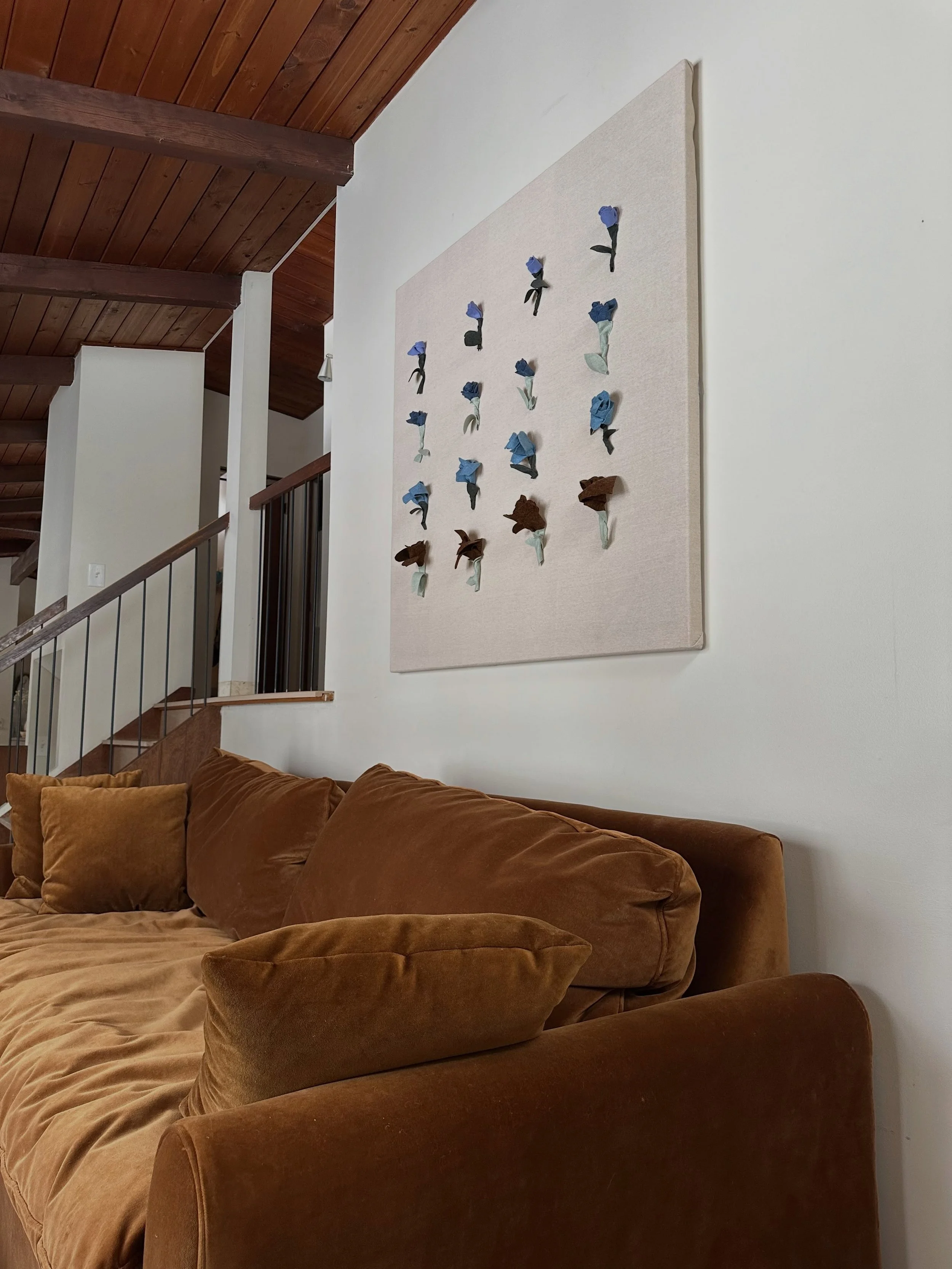 One of my new pieces &ldquo;J.M.J&rdquo; - this was the first pieces in my new series of works called Roses. 

Add in my wood plank ceiling and the Rupert Sofa in Cognac by @sarahshermansamuel for @luluandgeorgia , it&rsquo;s a sweet trio! 

Shop the