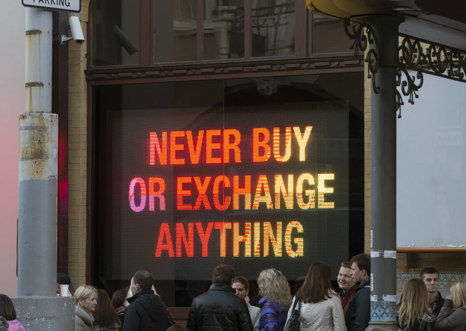 Advice for the Young and the Seekers of Sanity, 2012, Programmable LED screen, flash animated text. 250 x 350 cm. Installation view PinchukArtCentre, Kiev (photo: Sergey Illin).