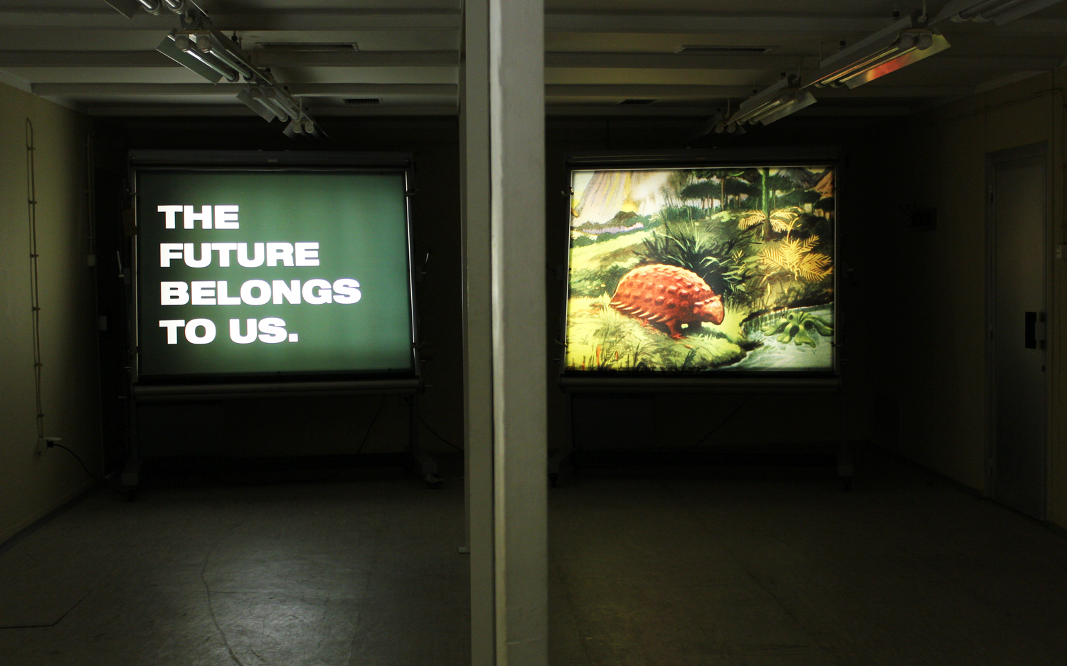  Our Prehistoric Fate, 2011, two duraclear prints on vintage Yugoslavian military lightbox displays and clamps. Prints are each 151 x 177 cm. Installation view 1st Time Machine Biennale of Contemporary Art. D-O ARK Underground, Konjic, Bosnia and Her