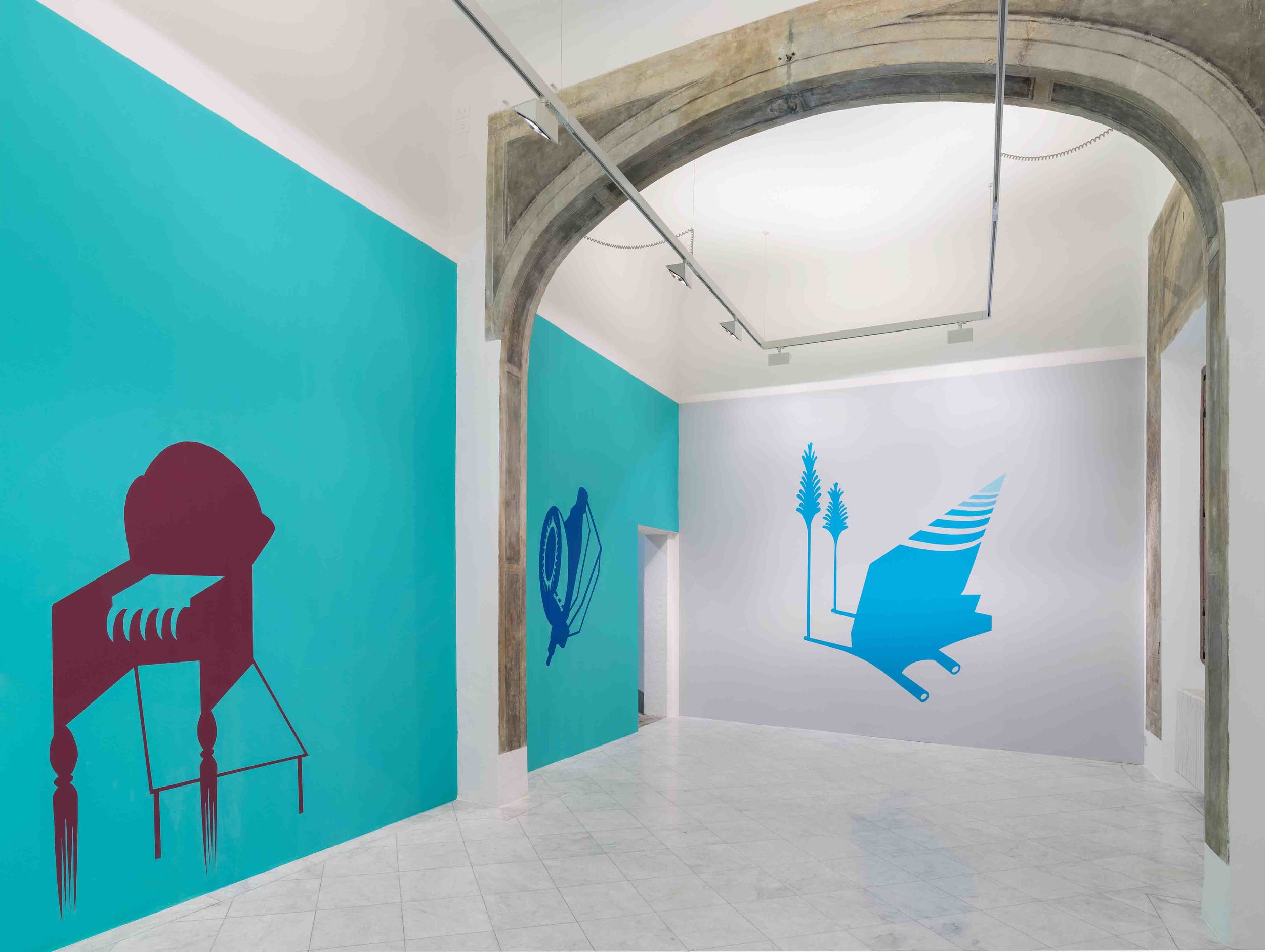 Mona Marzouk, Renovabitvr, acrylic colors, 2015. Installation view at Villa Romana. Photo credit: Elzbieta Bialkowska.