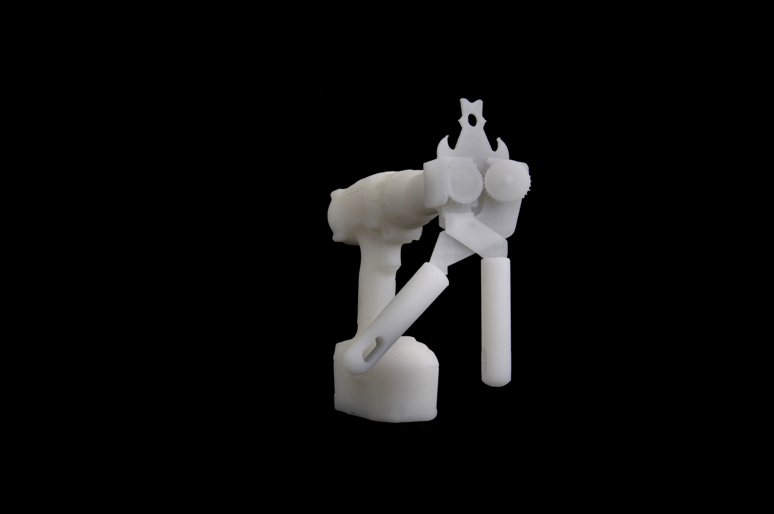  Formal metonymy, 2017, A projection of an animated 3D printed object - a can opener connected to a battery drill, 12 x 6 x 11 cm, Courtesy of the artist and Gypsum Gallery 