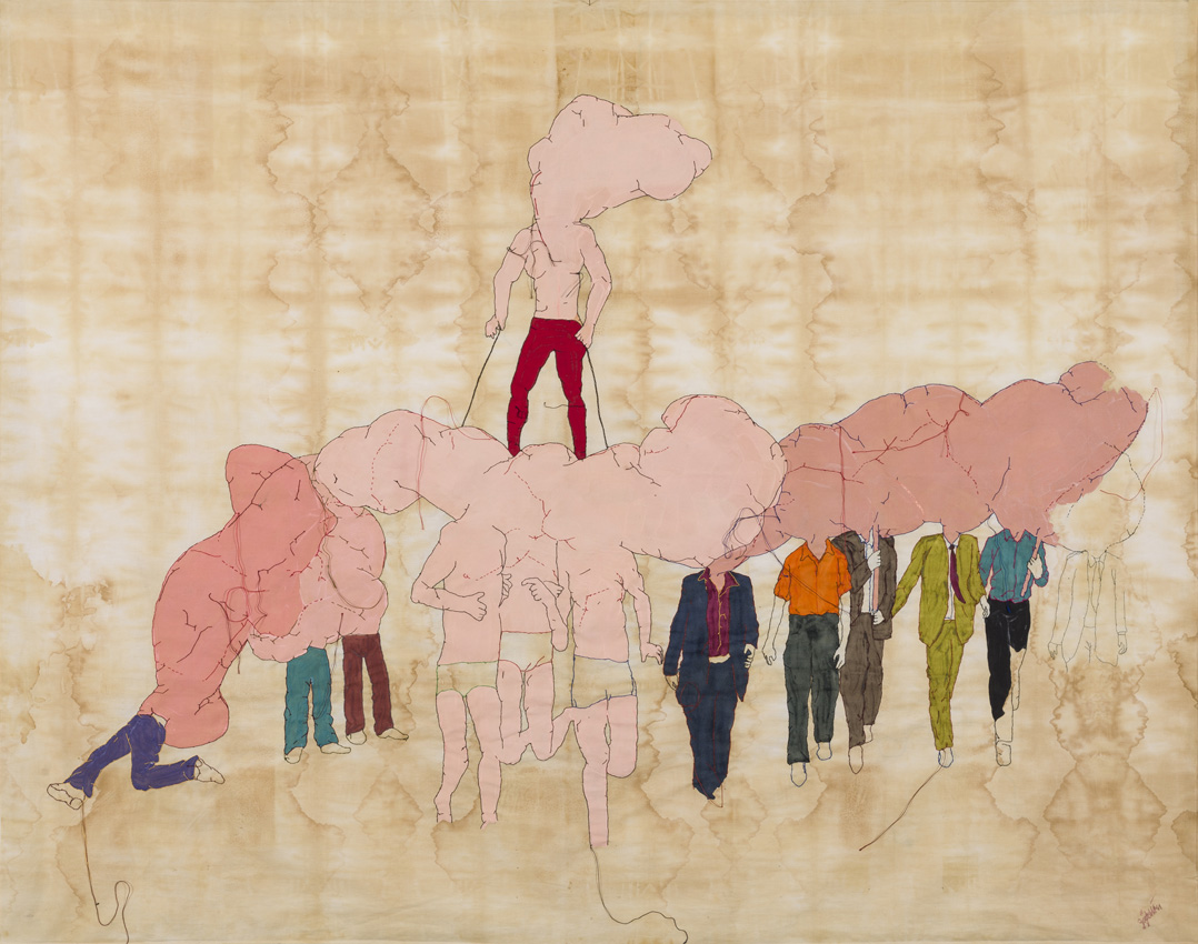  Absent Demonstration, 2016, Embroidery and painting on natural dyed fabric, 116 x 146 cm.&nbsp; 