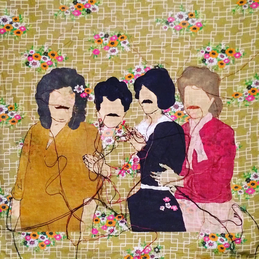 At-Home Day, From the series “Please Clear the Dance Floor!” 2009, Embroidery and painting on bundle fabric, 62 x 62 cm.