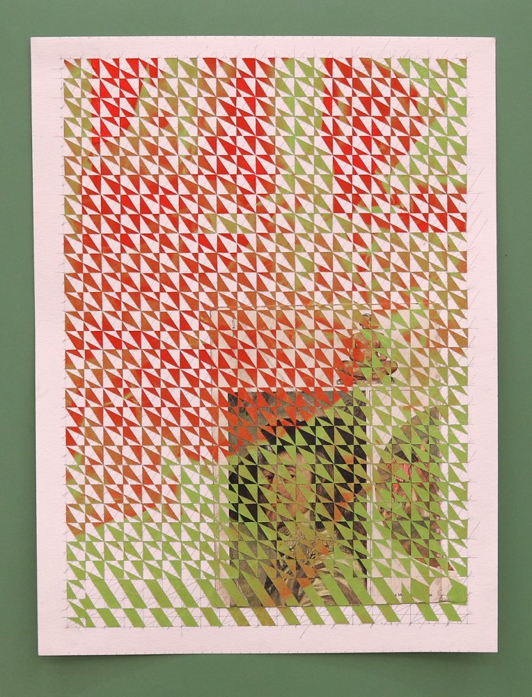  Untitled, part 1 (red, green), 2016, spray paint on paper collage, book page on paper mounted on plastic laminate,&nbsp;20 x 30 cm. 