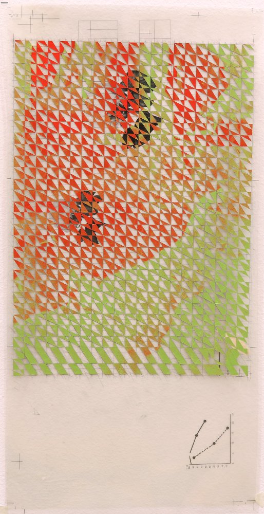  Untitled (red, green), 2016, spray paint on paper collage, on plastic transparencies from my father's office,&nbsp;20 x 50 cm 