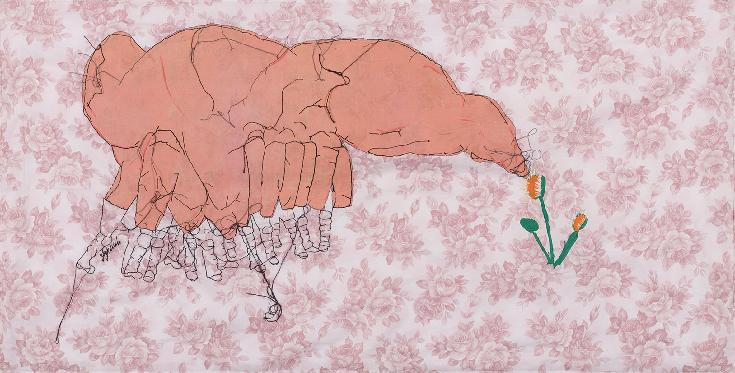 The Trap, 2015, Stitching and painting on duvet; Series Absent Demonstration 52 x 103 cm.