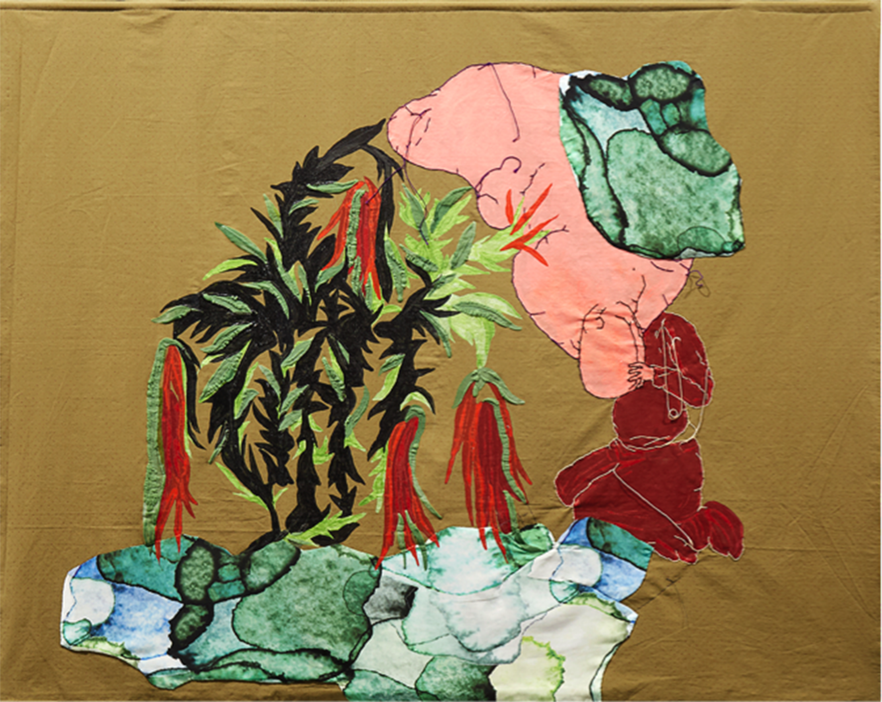 The Whispering 2017, Stitching and painting on duvet, Series Absent Demonstration 85 x 105 cm.