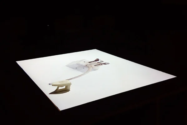 Untitled, 2017, A projection of an animated found object on a table, 3D printed object, 6 x 6 x 11 cm. Courtesy of the artist and Gypsum Gallery.