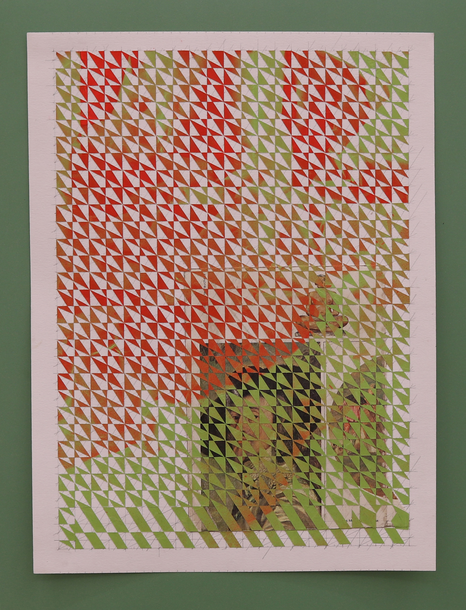  Untitled, part 1 (red, green), 2016, spray paint on paper collage, book page on paper mounted on plastic laminate, 20 x 30 cm. 