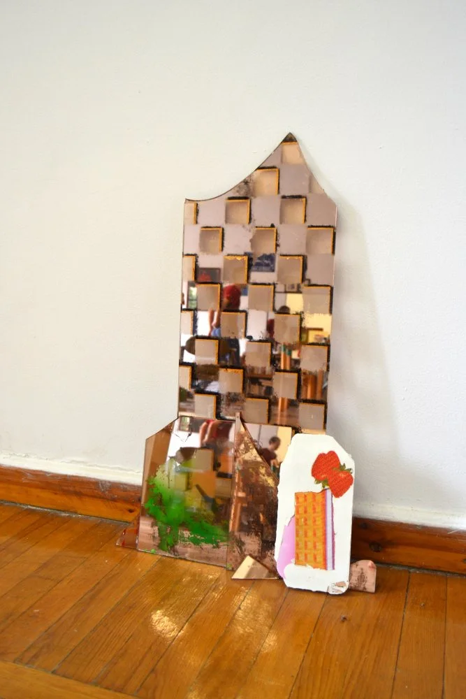 Untitled (mirrors and plaster), 2015/16, materials: Found mirrors with parts of silver backing scraped off, gold leaf, acrylic, spray paint, plaster with cardboard packaging and embedded mirror shards (installation view), variable dimensions. Photo: Nile Sunset Annex