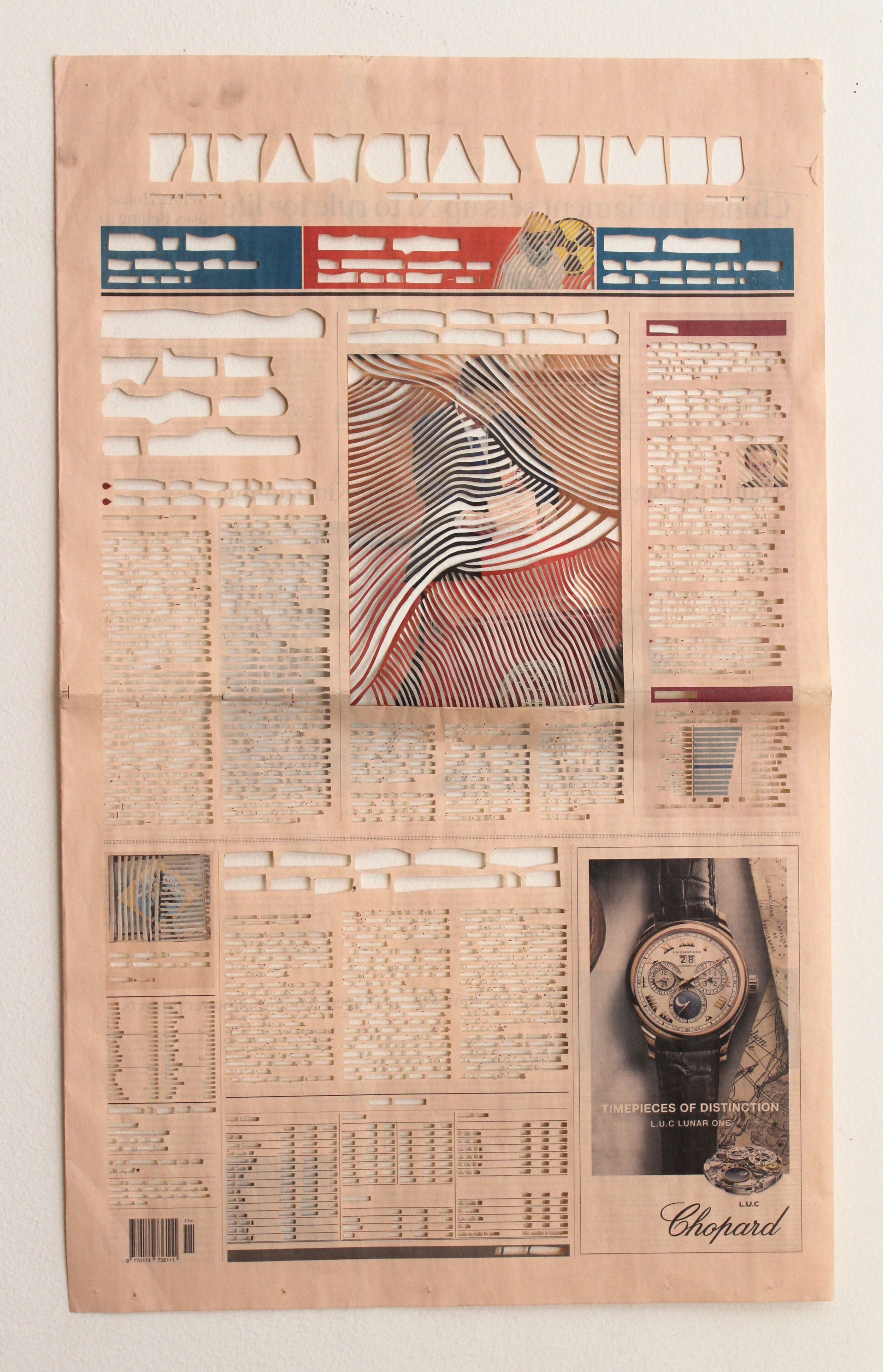  Rule for Life (Timepieces of Distinction), 2018, Newspaper cutout, 57.5 x 35 cm. 