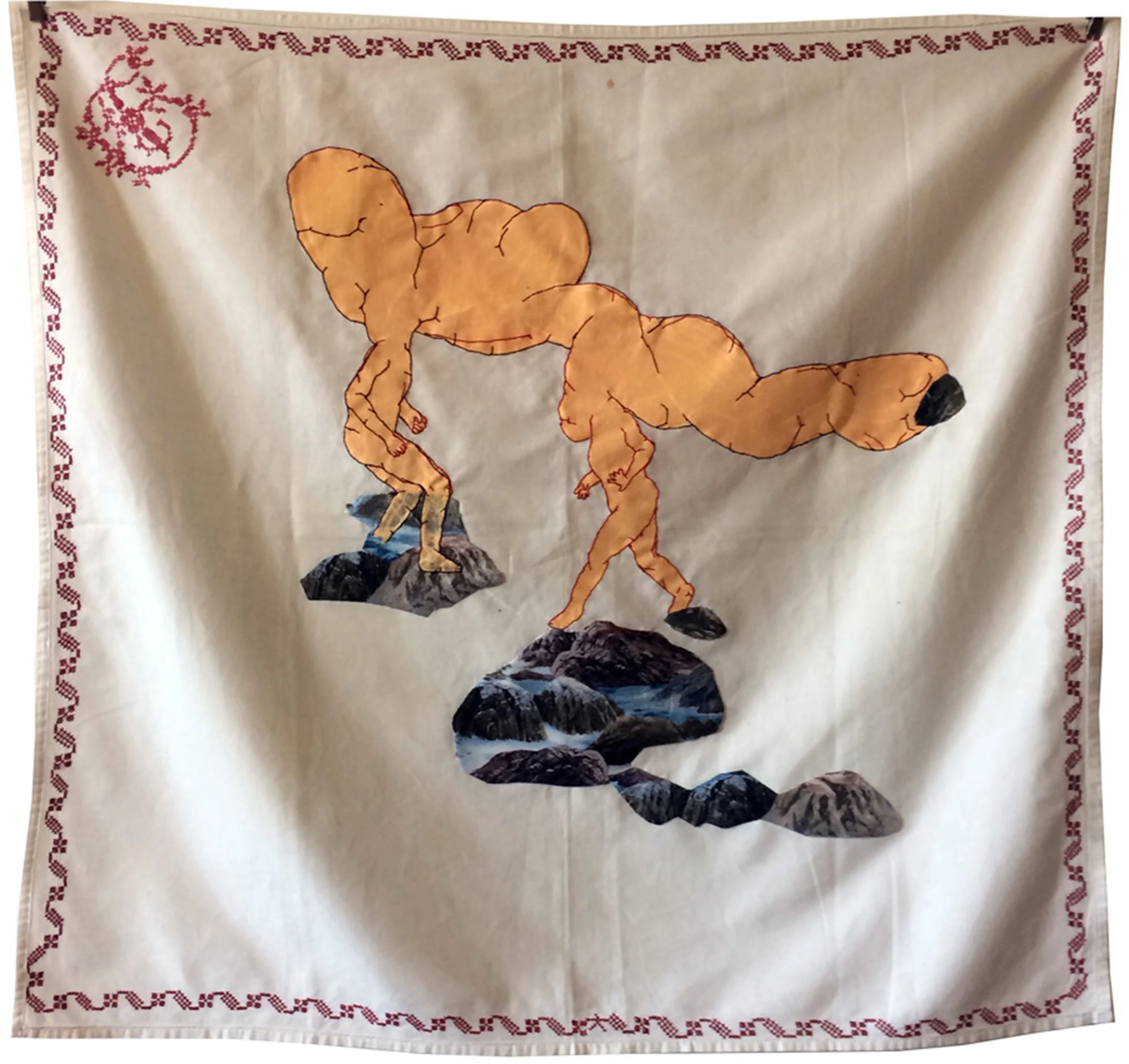 Remote Possibility, 2018, Stitching - painting and patchwork on found fabric, 68 x 73 cm.