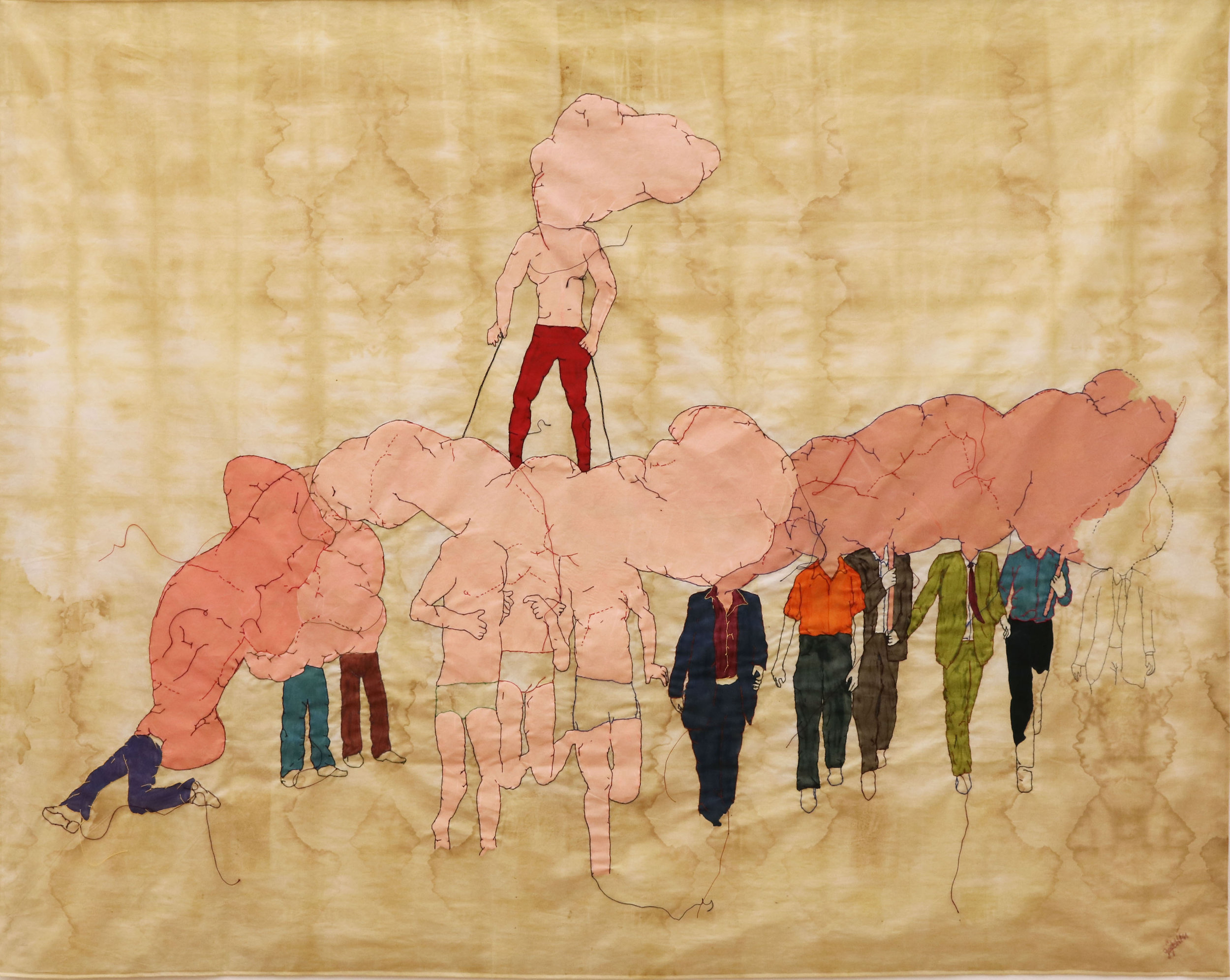  Absent Demonstrations, 2016, embroidery, painting on naturaldyed fabric, 116.5 x 146.5 cm 