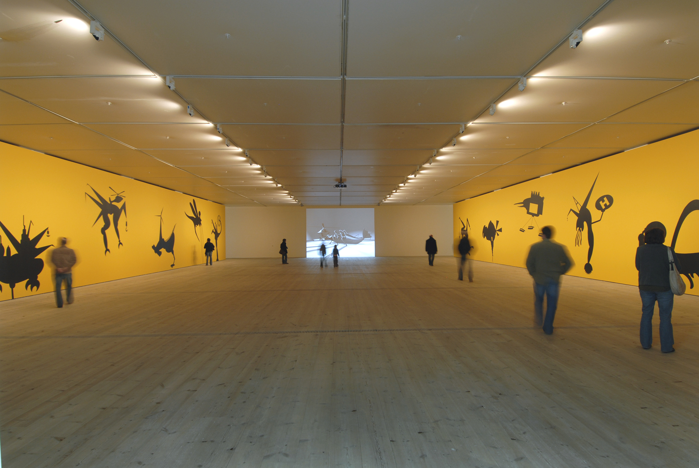  The Bride Stripped Bare by Her Energy's' Evil, 2006, two large scale wall paintings (10 m each + acrylic colors), audio elements and a projected short 3D animated film, 2 min. 44 sec. Installation view at BALTIC Centre for Contemporary Art, Gateshea