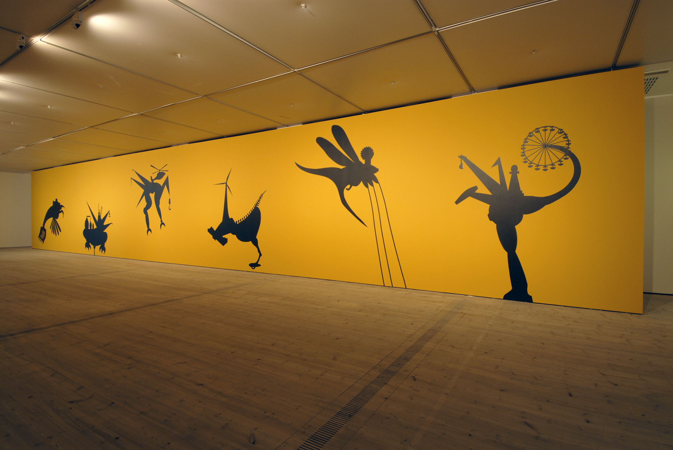  The Bride Stripped Bare by Her Energy's' Evil, 2006, two large scale wall paintings (10 m each + acrylic colors), audio elements and a projected short 3D animated film, 2 min. 44 sec. Installation view at BALTIC Centre for Contemporary Art, Gateshea