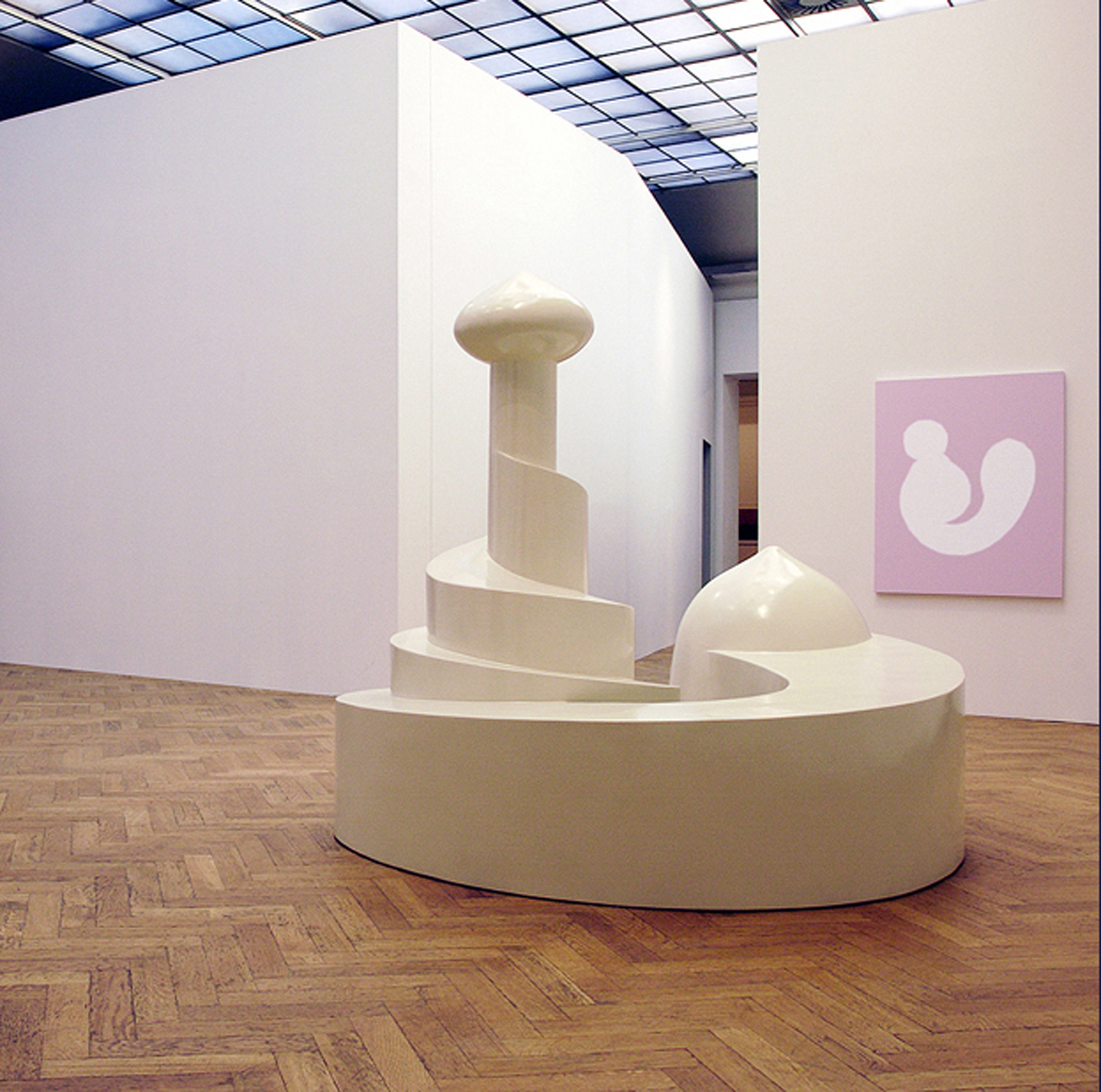  Untitled (Industrial Harem), 2003, Sculpture: wood / PV foam sculpture 199.35 x 249. 88 x 178.64 cm, three paintings, acrylic on canvas, 140 x 100 x 5 cm each. Installation view, Transferts, Palais des Beaux-Arts, Brussels, Belgium. 